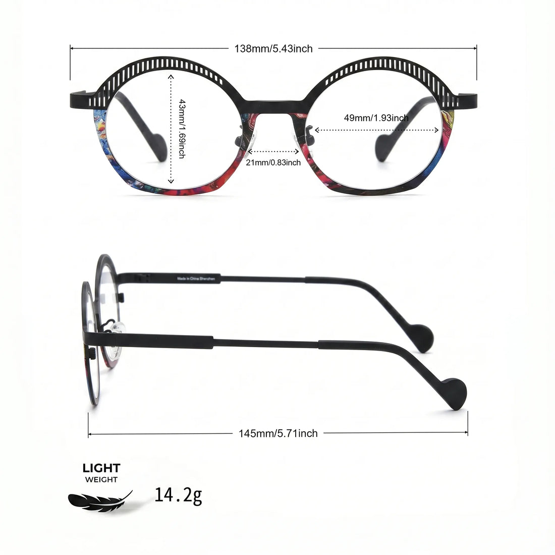 Barledear Prism Noir eyeglasses size chart showing 138 mm frame width, 49 mm lens width, 43 mm lens height, 21 mm bridge, and 145 mm temple length