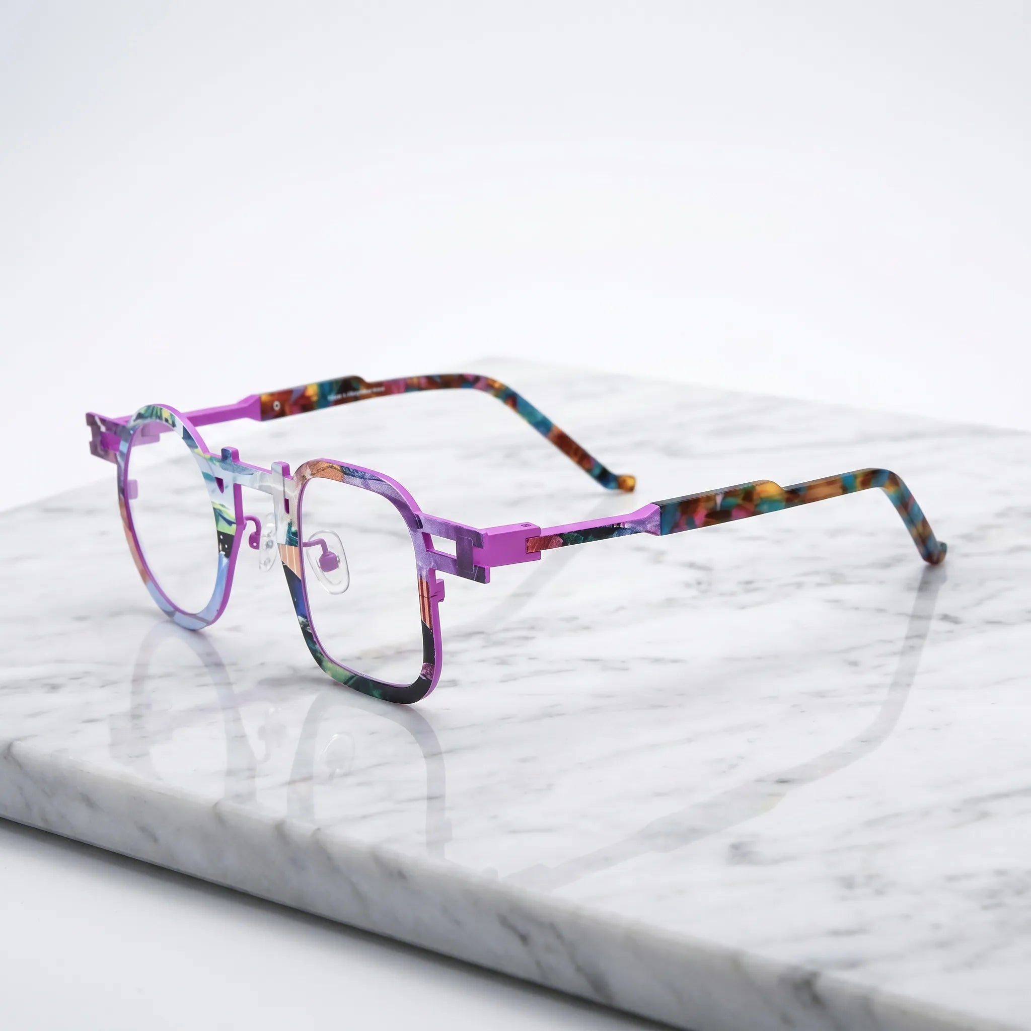 Barledear Prism Violet eyeglasses angled side view showing slim temples, extended side-bar detail, and adjustable nose pads