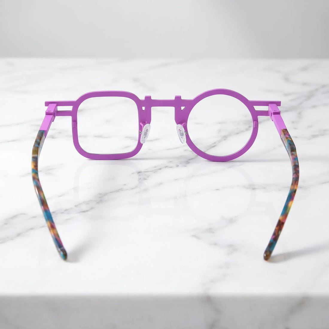 Barledear Prism Violet eyeglasses back view showing temple shape, bridge detail, and full-rim frame structure