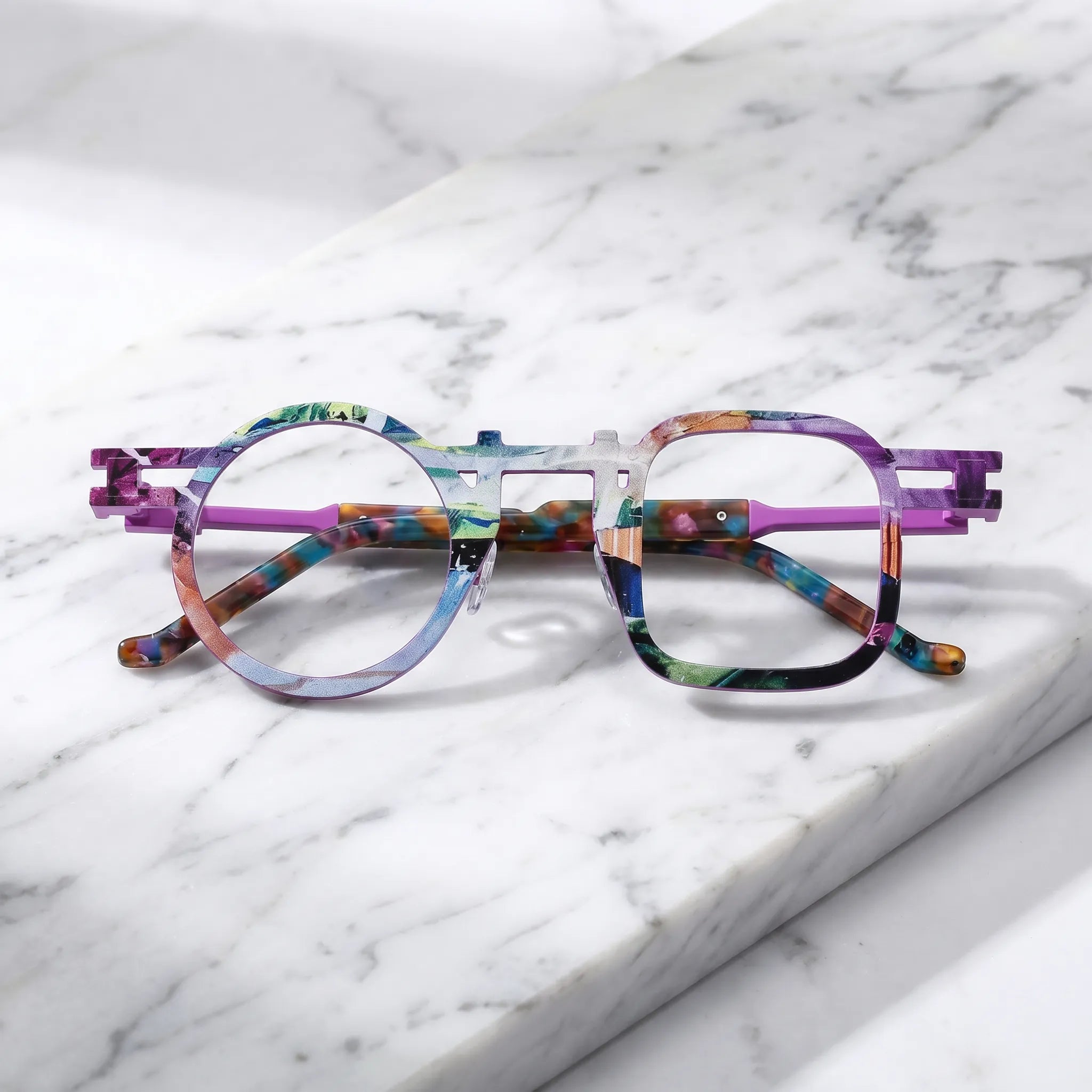 Barledear Prism Violet eyeglasses folded display showing printed titanium temples and full-rim frame structure