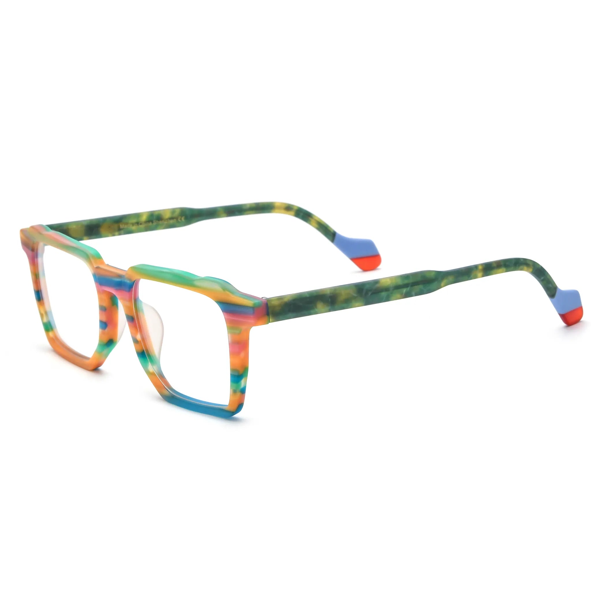 Barledear Rainbow Horizon eyeglasses angled side view showing green patterned temples and colorful temple tips