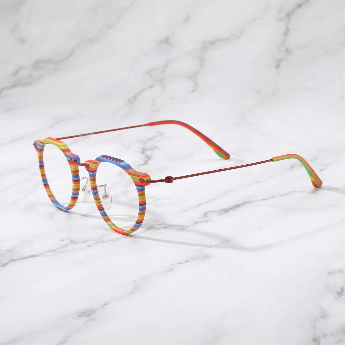 Barledear Rainbow Stripe eyeglasses angled side view showing slim wire temples adjustable nose pads and bridge detail
