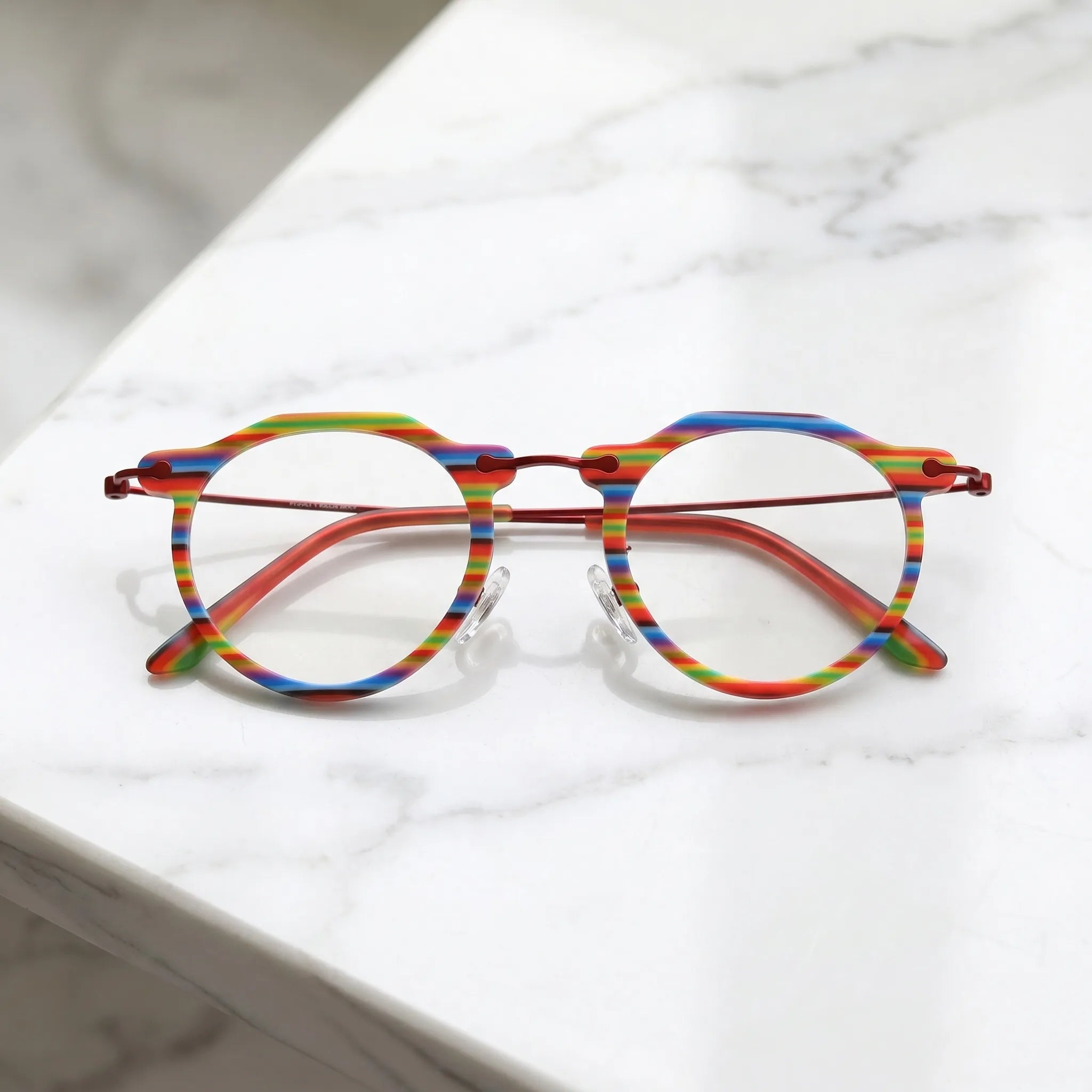 Barledear Rainbow Stripe eyeglasses folded display showing acetate front slim metal temples and acetate temple tips