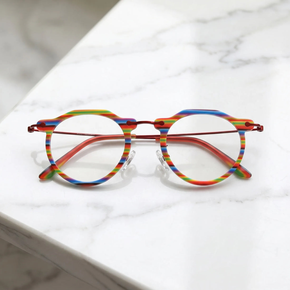 Barledear Rainbow Stripe eyeglasses folded display showing acetate front slim metal temples and acetate temple tips