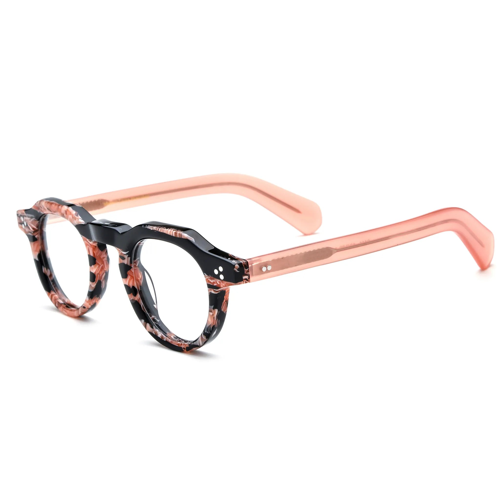 Barledear Rose Mosaic retro geometric acetate eyeglasses showing the patterned acetate front, keyhole bridge, and rose temple design
