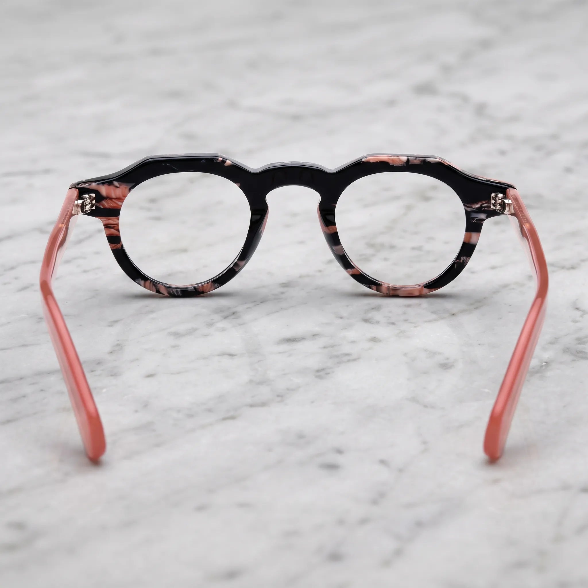 Barledear Rose Mosaic retro geometric acetate eyeglasses showing the full-rim structure and translucent rose temple tips