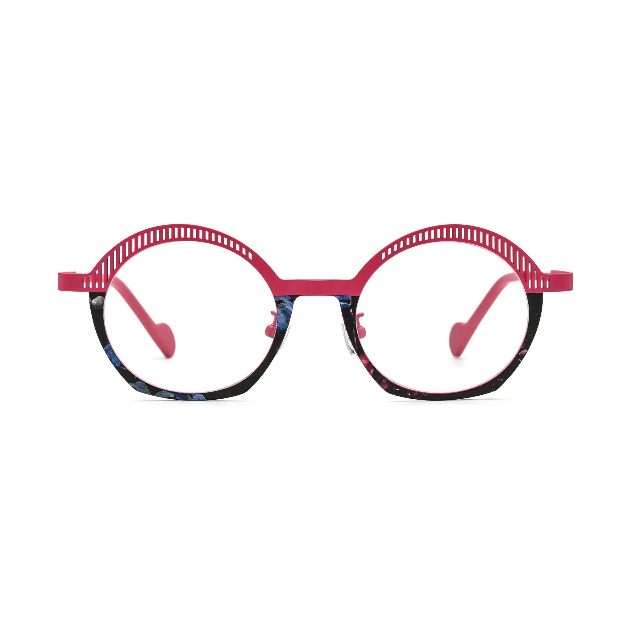 Barledear Rose Mosaic eyeglasses front view with lightweight pink titanium geometric oval full-rim frame and colorful lower rim accents