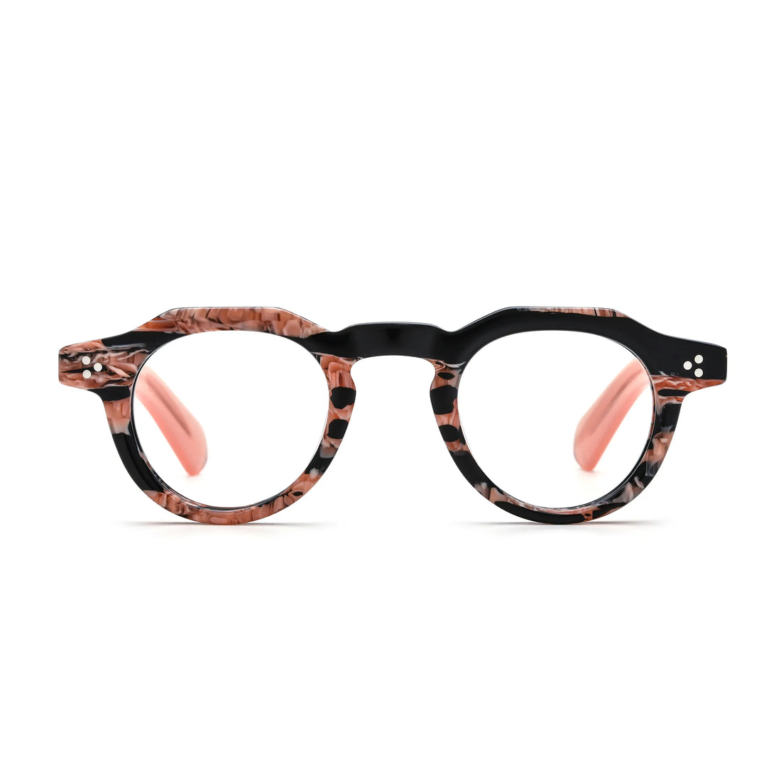 Barledear Rose Mosaic retro geometric acetate eyeglasses with black-and-rose patterned acetate and translucent rose temples