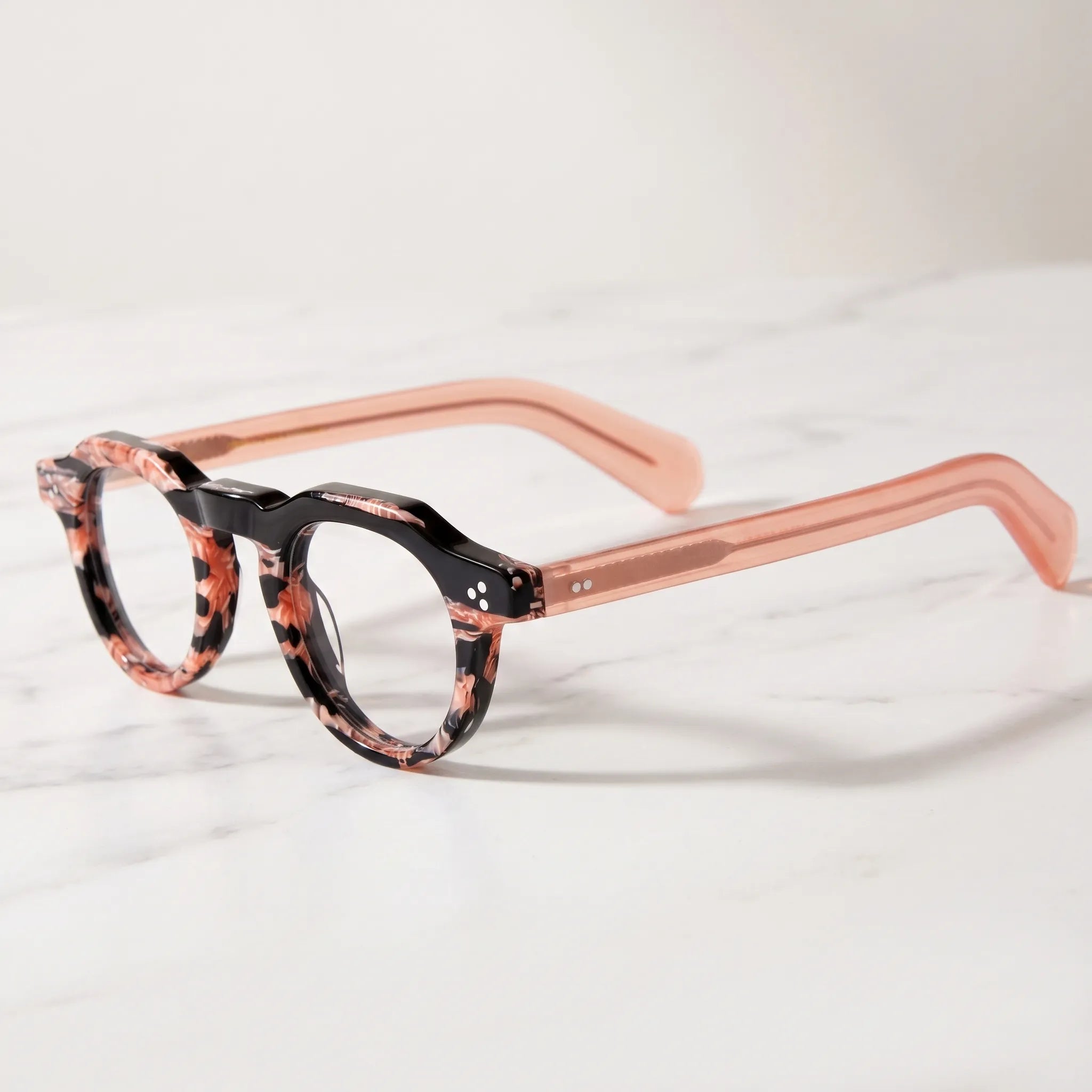 Barledear Rose Mosaic retro geometric acetate eyeglasses showing the patterned acetate front, keyhole bridge, and rose temple design
