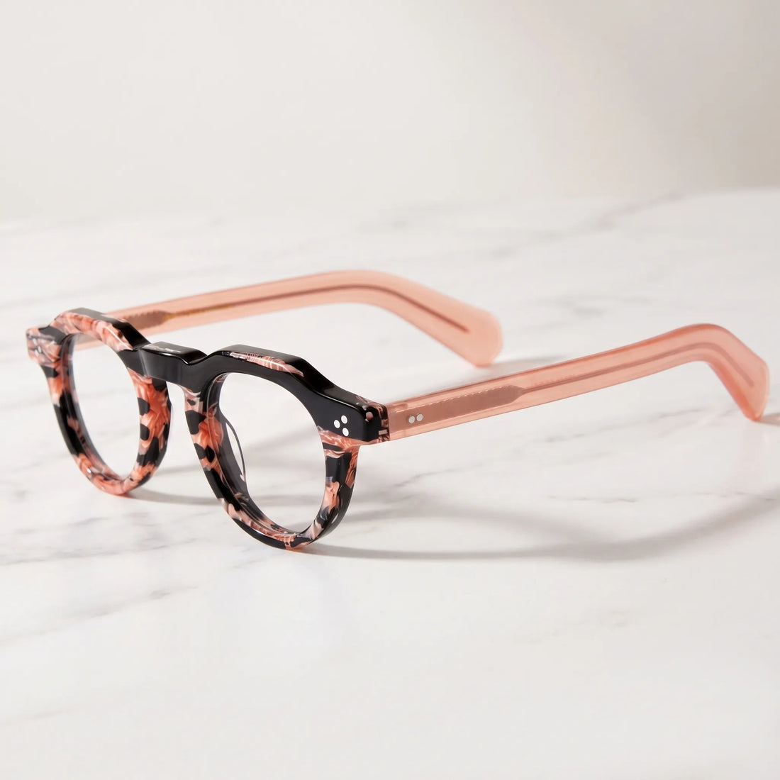 Barledear Rose Mosaic retro geometric acetate eyeglasses showing the patterned acetate front, keyhole bridge, and rose temple design