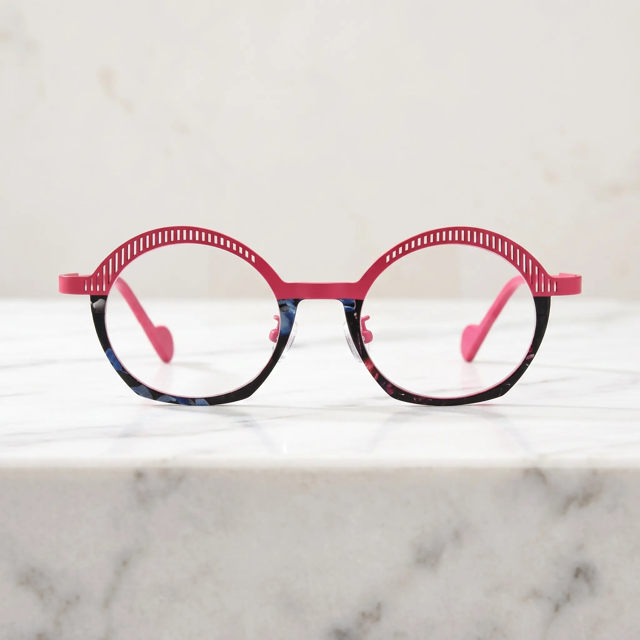 Barledear Rose Mosaic eyeglasses shown in a clean lifestyle front view with pink slotted browline and artistic mosaic frame detail