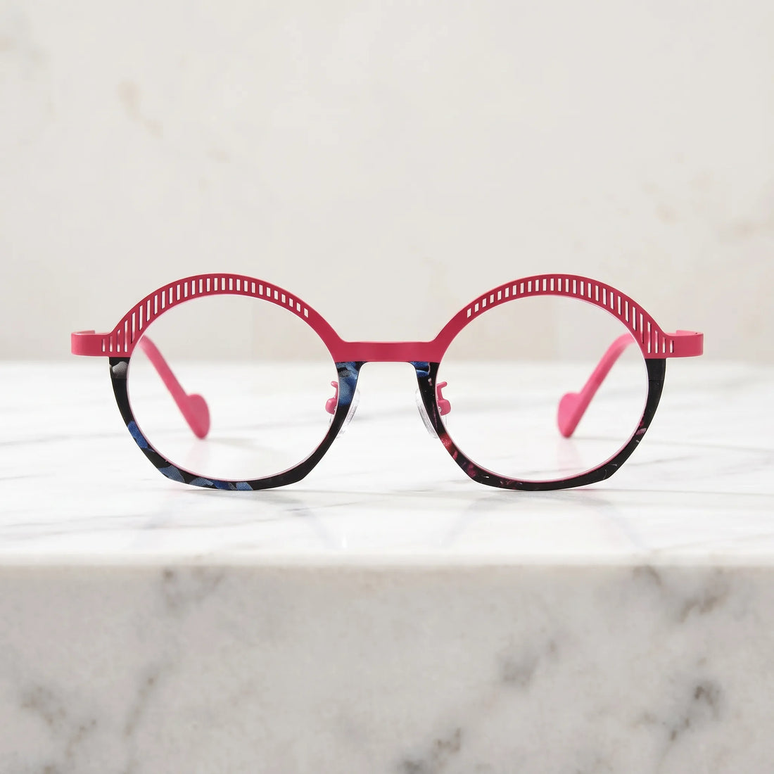 Barledear Rose Mosaic eyeglasses shown in a clean lifestyle front view with pink slotted browline and artistic mosaic frame detail