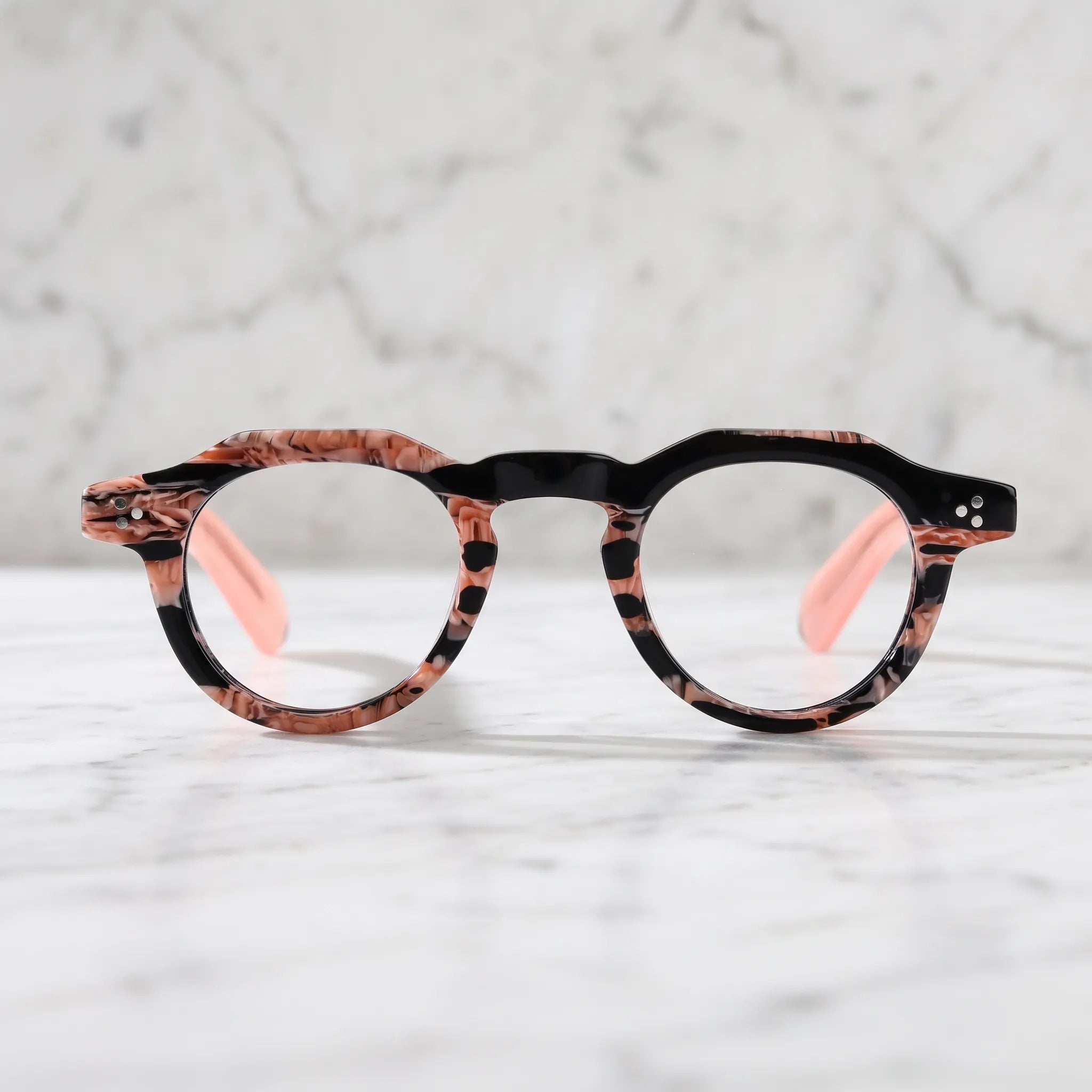 Barledear Rose Mosaic retro geometric acetate eyeglasses showing the patterned front frame in a clean lifestyle setting