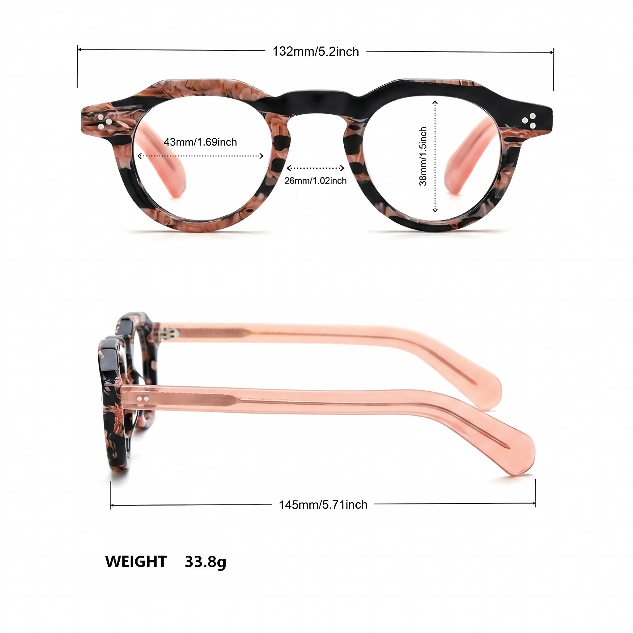 Barledear Rose Mosaic retro geometric acetate eyeglasses showing 132 mm frame width, 43 mm lens width, 38 mm lens height, 26 mm bridge, and 145 mm temples