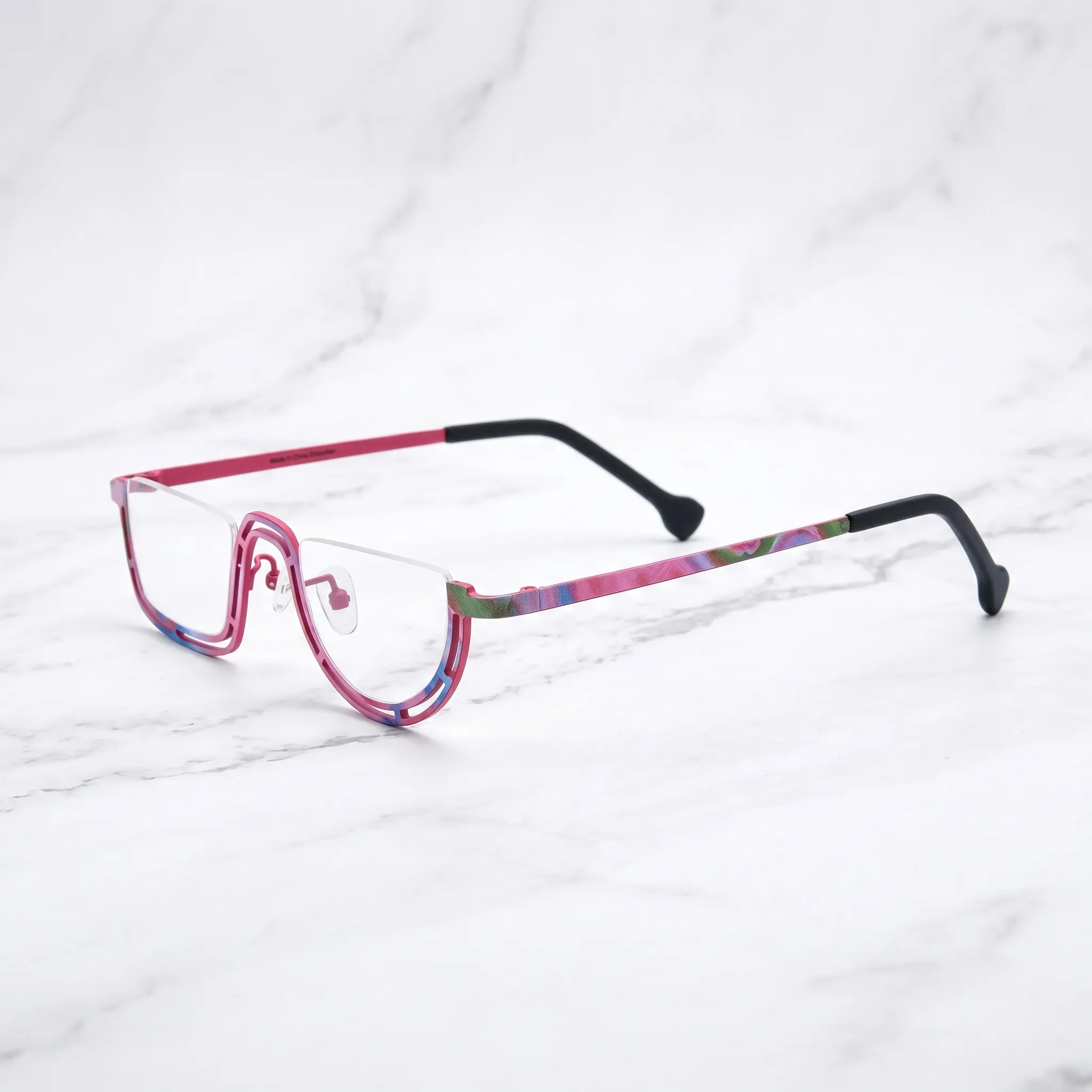 Barledear Rose Mosaic Pink eyeglasses angled side view showing patterned titanium temples and bridge detail