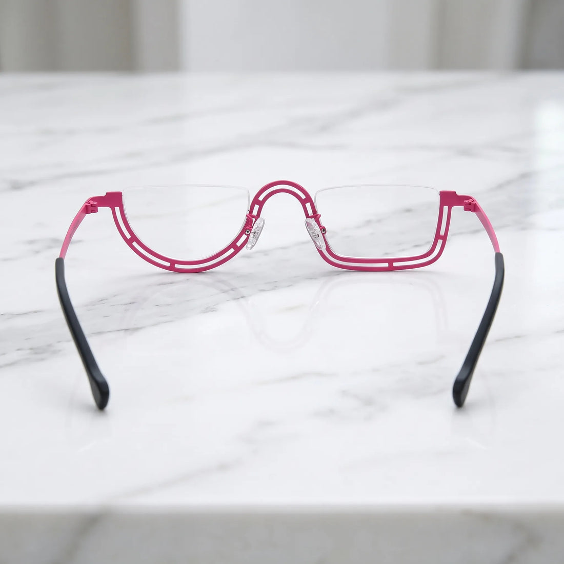 Barledear Rose Mosaic Pink eyeglasses back view showing temple shape and semi-rim frame structure