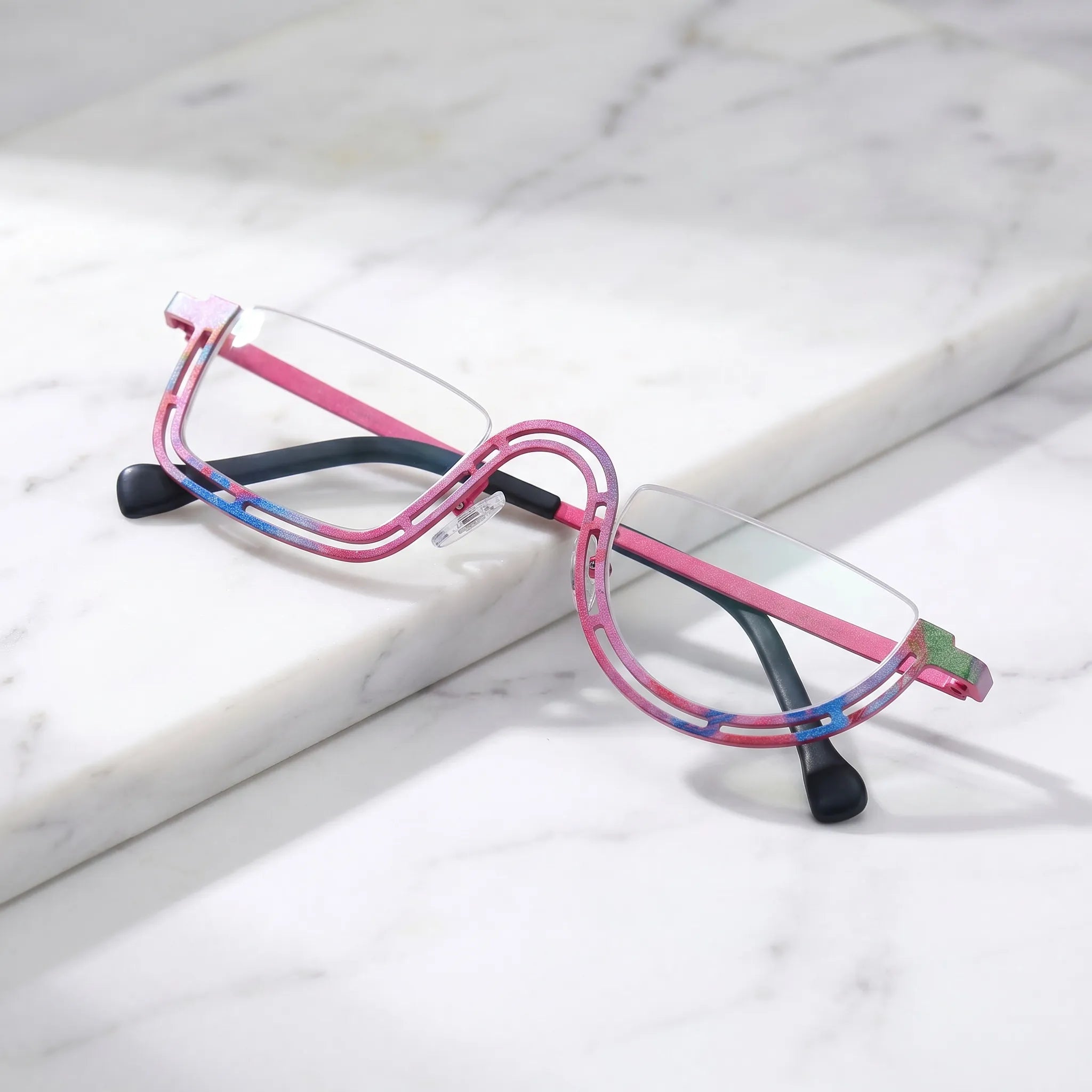 Barledear Rose Mosaic Pink eyeglasses folded display showing slim temples and artistic frame design