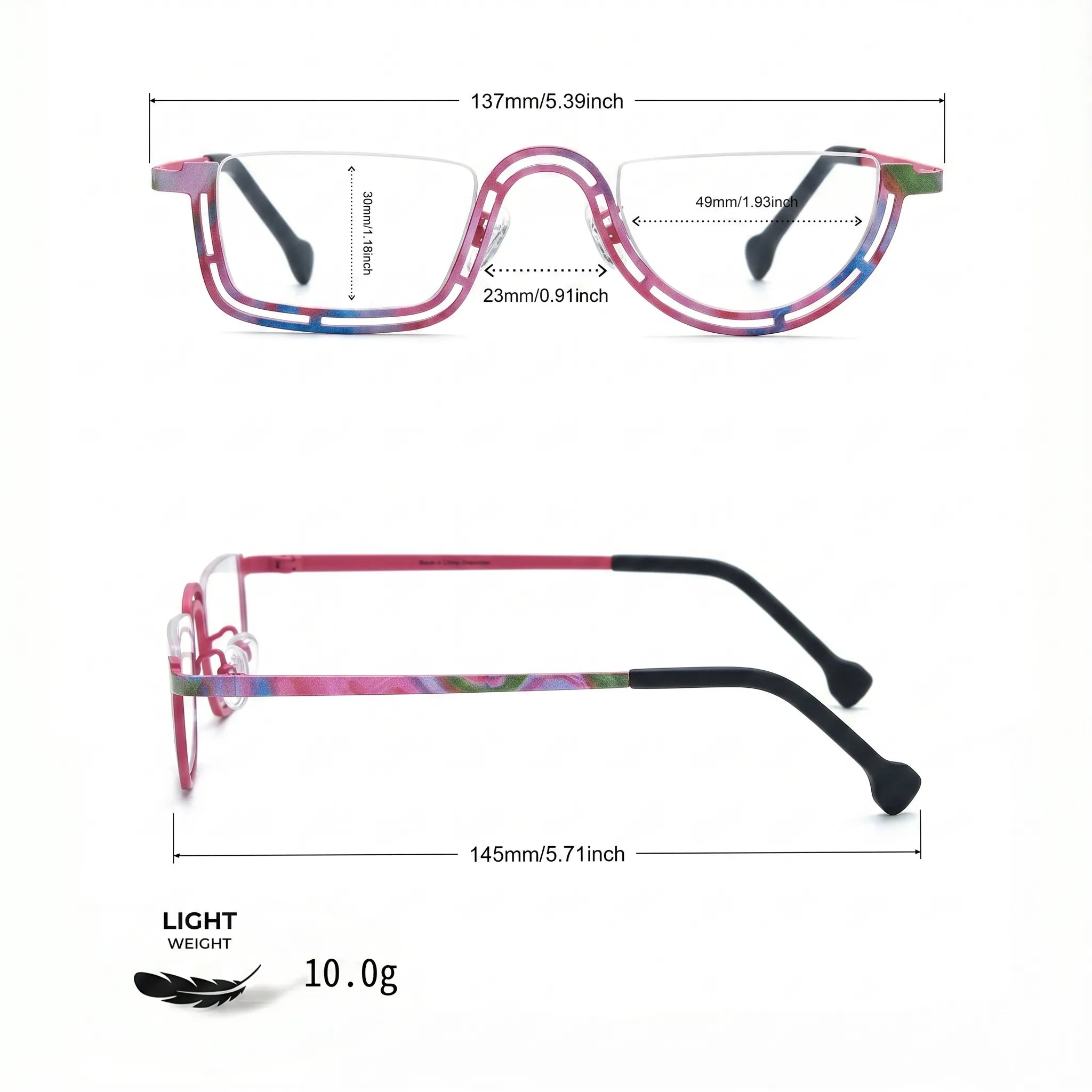 Barledear Rose Mosaic Pink eyeglasses size chart with 137 mm frame width 49 mm lens width 30 mm lens height 23 mm bridge and 145 mm temple