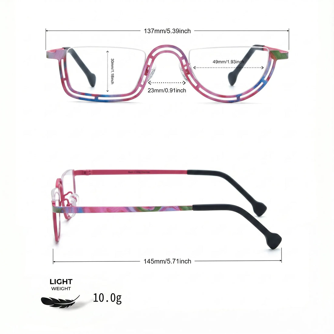 Barledear Rose Mosaic Pink eyeglasses size chart with 137 mm frame width 49 mm lens width 30 mm lens height 23 mm bridge and 145 mm temple