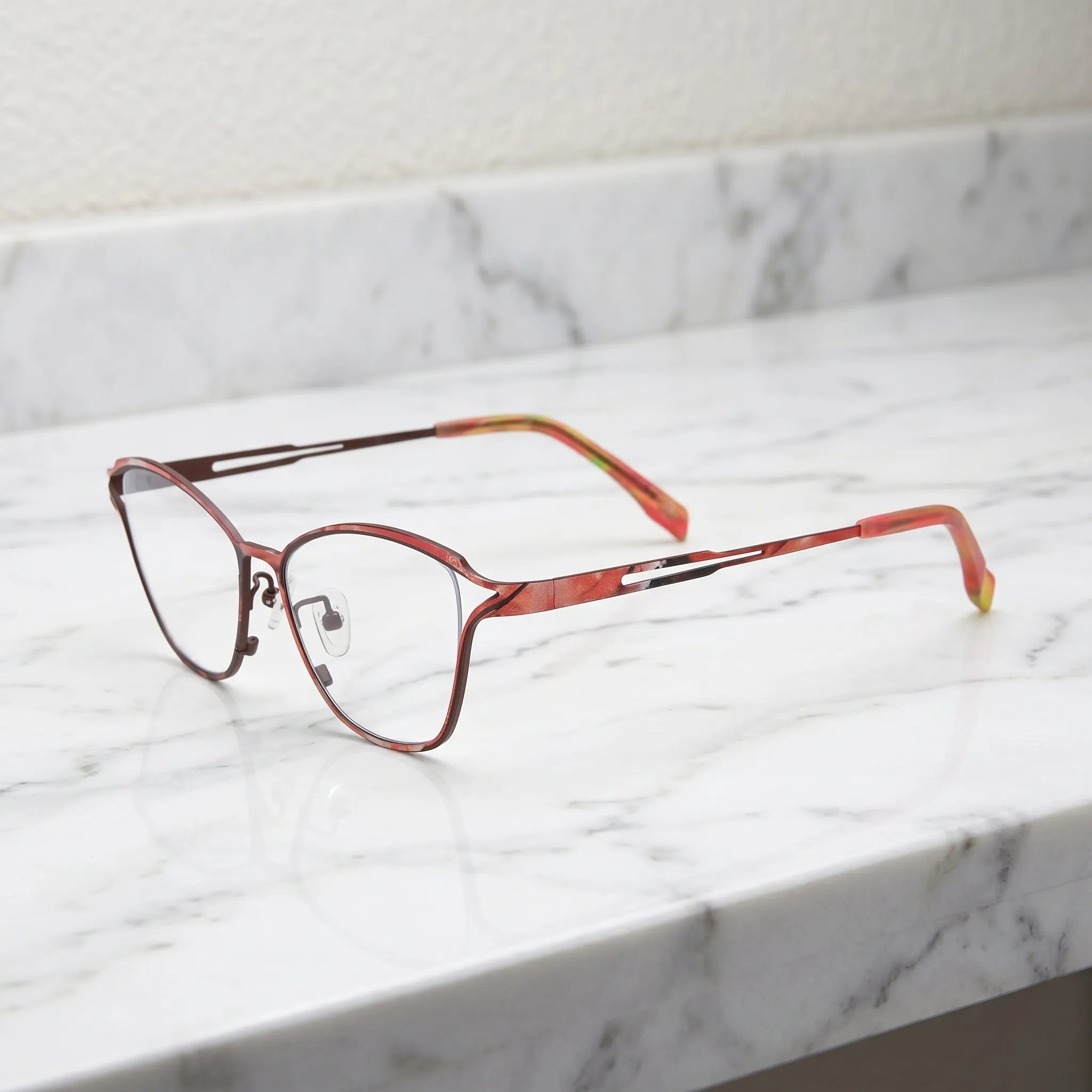Barledear Rosewood Amber eyeglasses angled side view showing slim cutout temples and adjustable nose pads