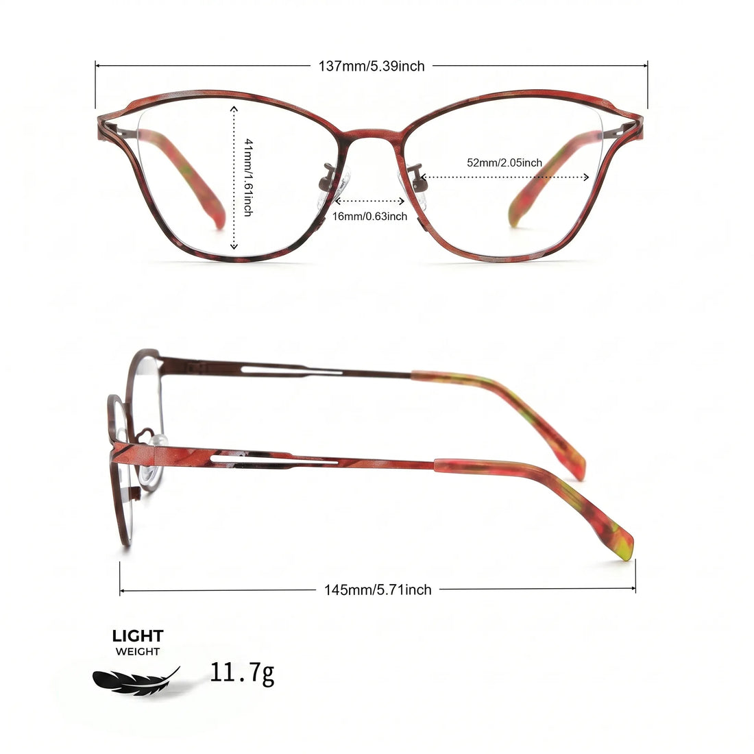 Barledear Rosewood Amber eyeglasses size chart with 137 mm frame width, 52 mm lens width, 41 mm lens height, 16 mm bridge, and 145 mm temple