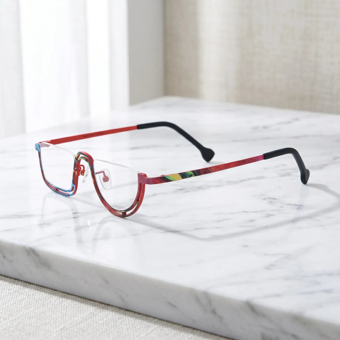 Barledear Scarlet Mosaic Red eyeglasses angled side view showing patterned titanium temples and bridge detail