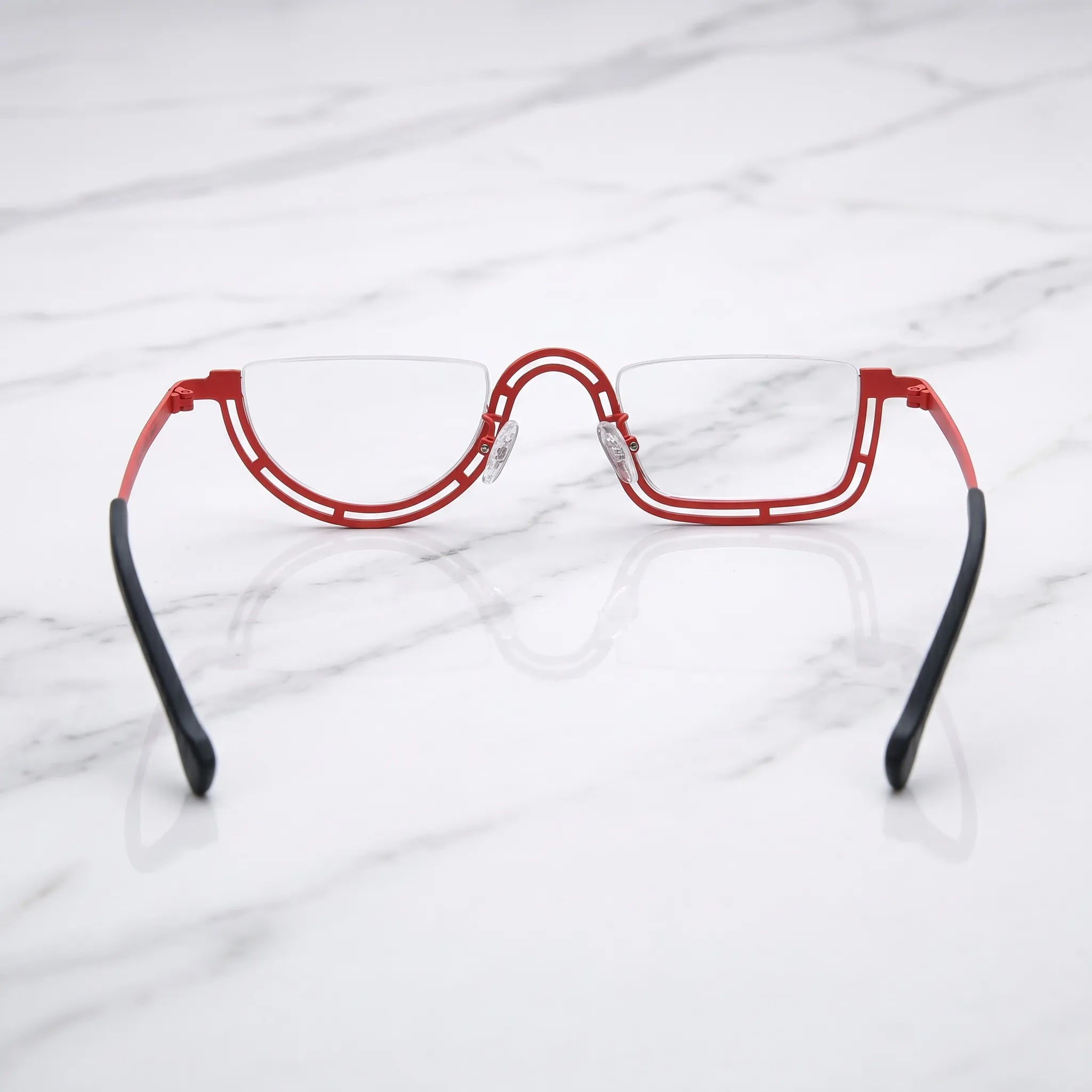 Barledear Scarlet Mosaic Red eyeglasses back view showing temple shape and semi-rim frame structure