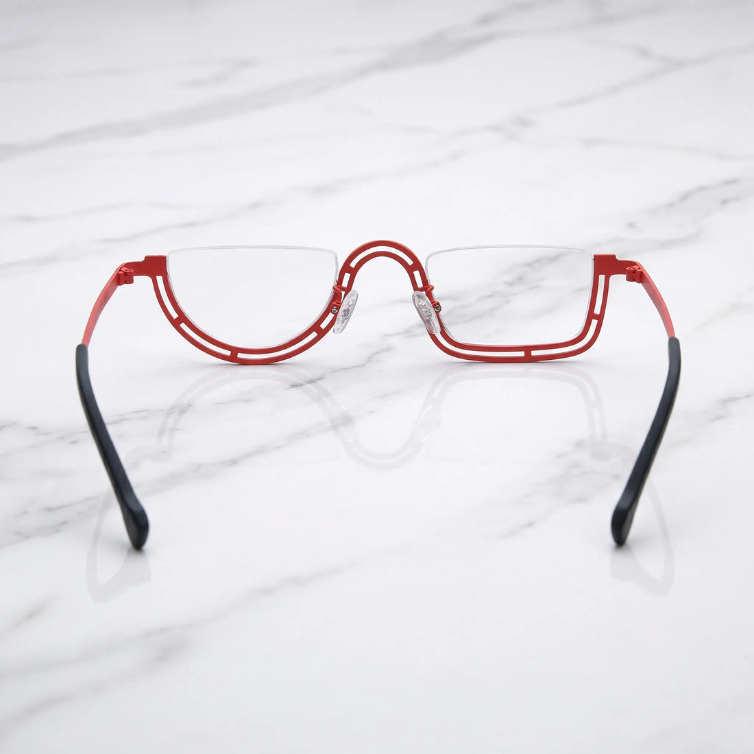 Barledear Scarlet Mosaic Red eyeglasses back view showing temple shape and semi-rim frame structure
