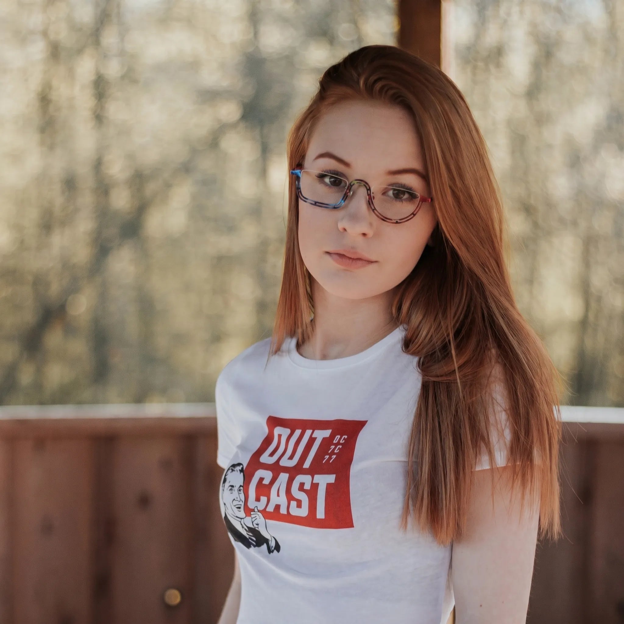 Model wearing Barledear Scarlet Mosaic Red eyeglasses in a lifestyle portrait
