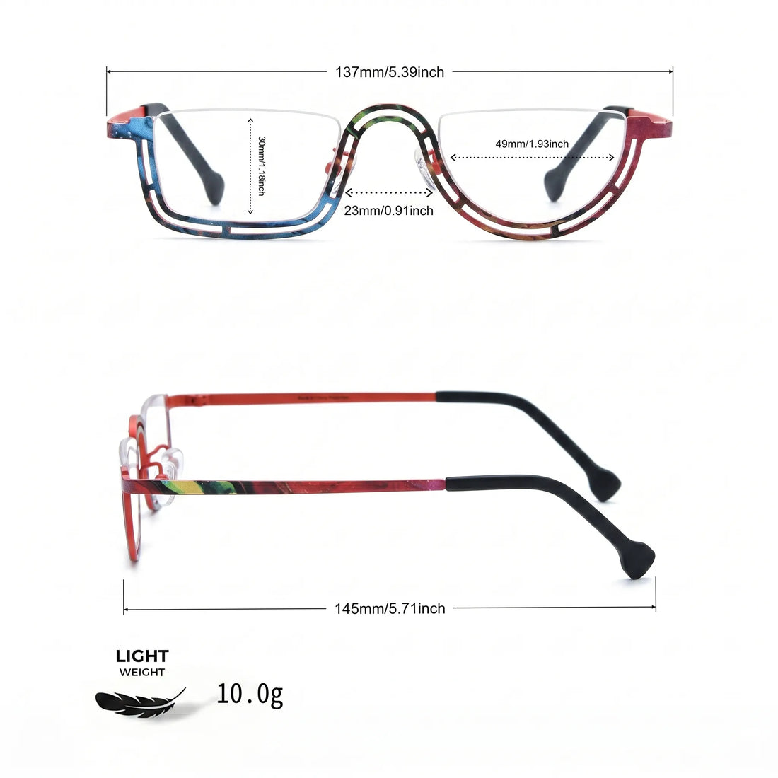 Barledear Scarlet Mosaic Red eyeglasses size chart with 137 mm frame width 49 mm lens width 30 mm lens height 23 mm bridge and 145 mm temple