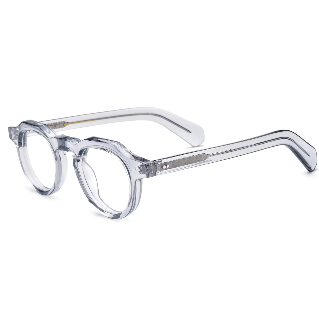 Barledear Smoke Crystal retro geometric acetate eyeglasses showing the keyhole bridge, rivet accents, and translucent temple construction