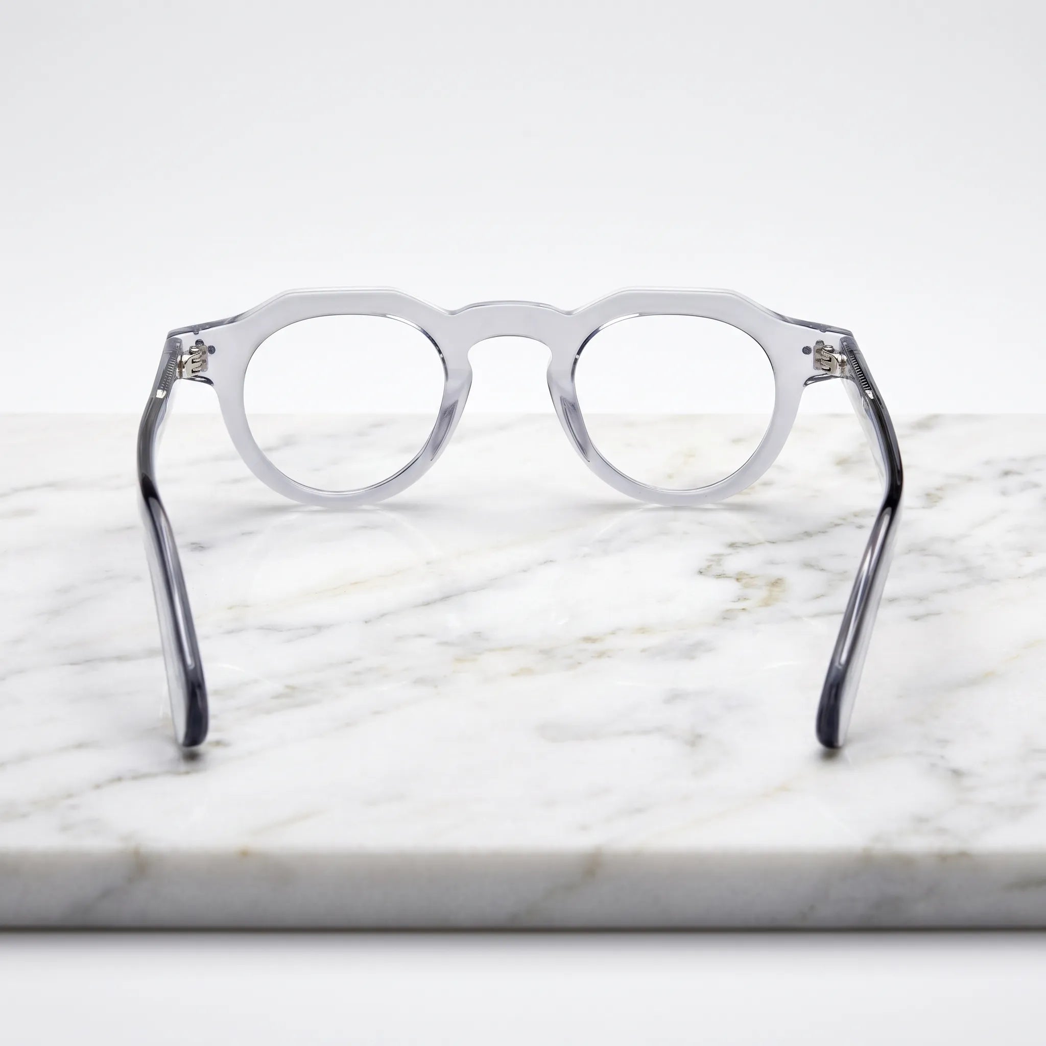 Barledear Smoke Crystal retro geometric acetate eyeglasses showing the full-rim structure, integrated nose pads, and curved temple tips