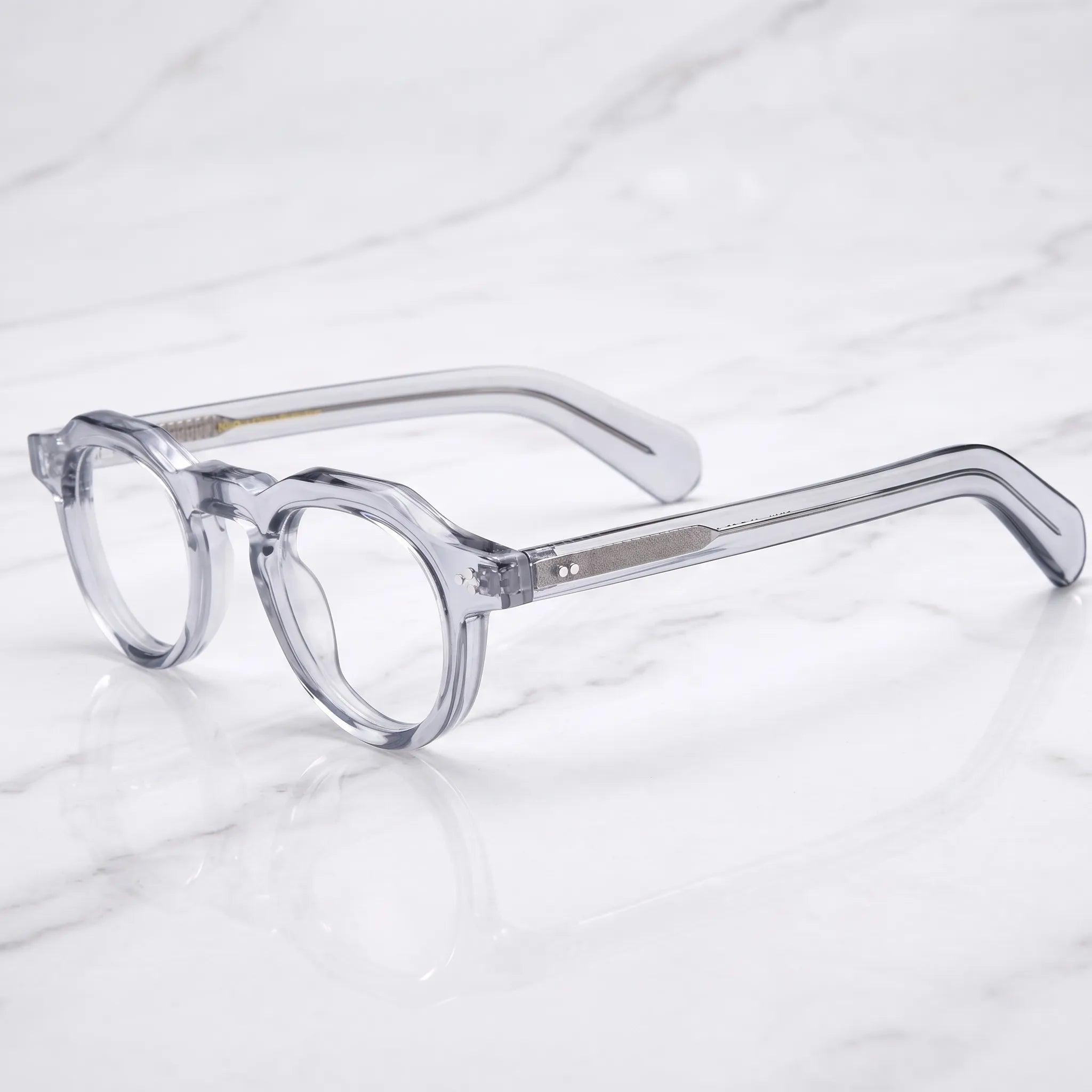 Barledear Smoke Crystal retro geometric acetate eyeglasses showing the keyhole bridge, rivet accents, and translucent temple construction
