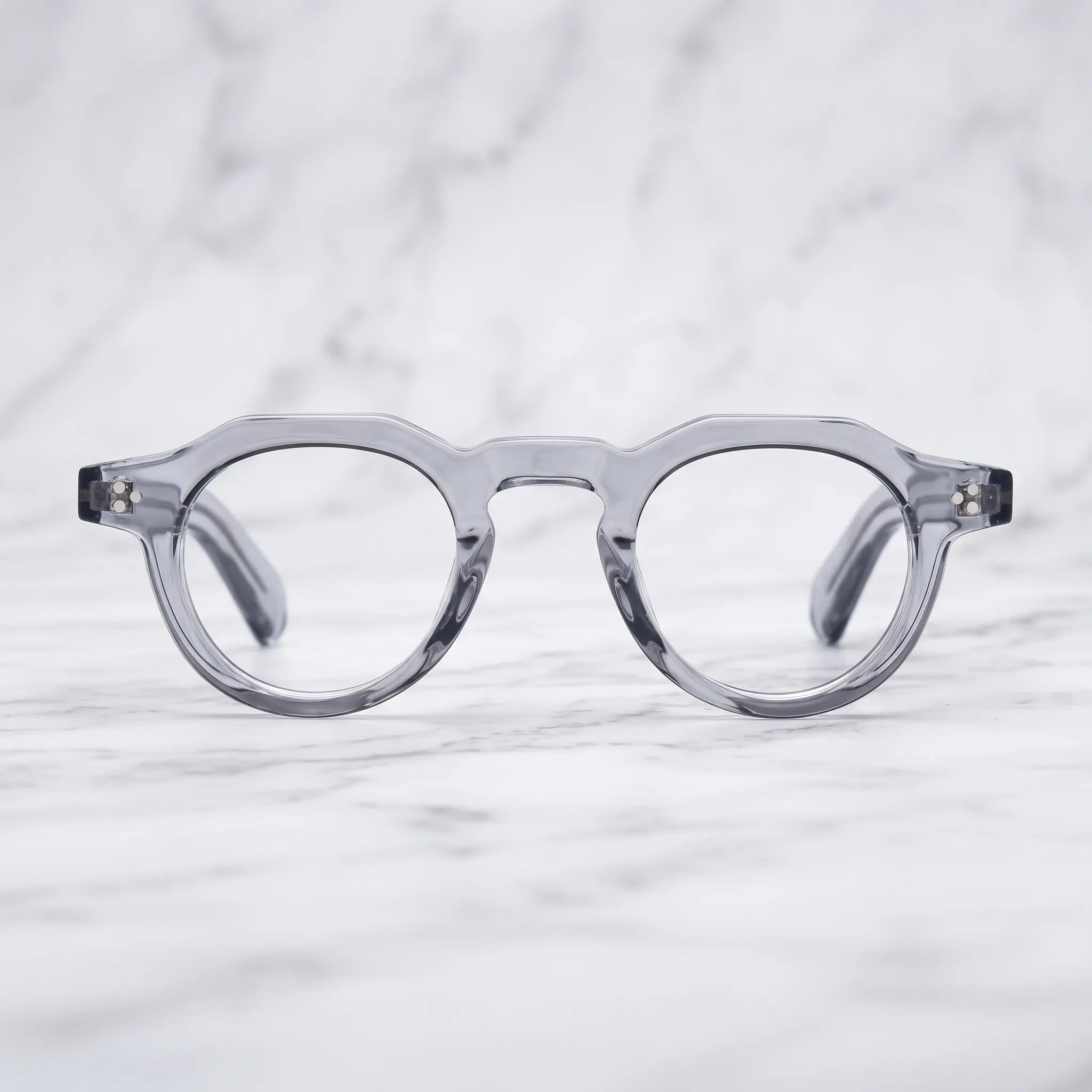 Barledear Smoke Crystal retro geometric acetate eyeglasses showing the smoke-gray acetate frame in a clean lifestyle setting