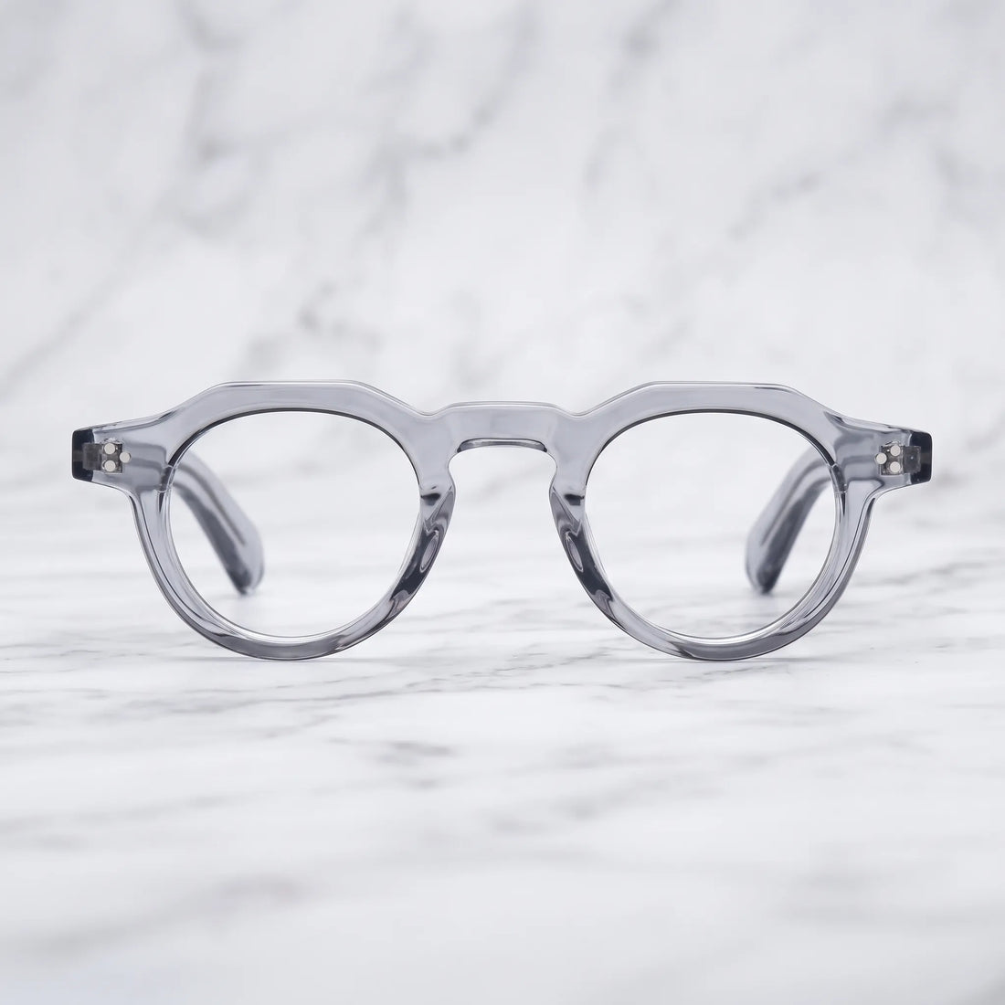 Barledear Smoke Crystal retro geometric acetate eyeglasses showing the smoke-gray acetate frame in a clean lifestyle setting