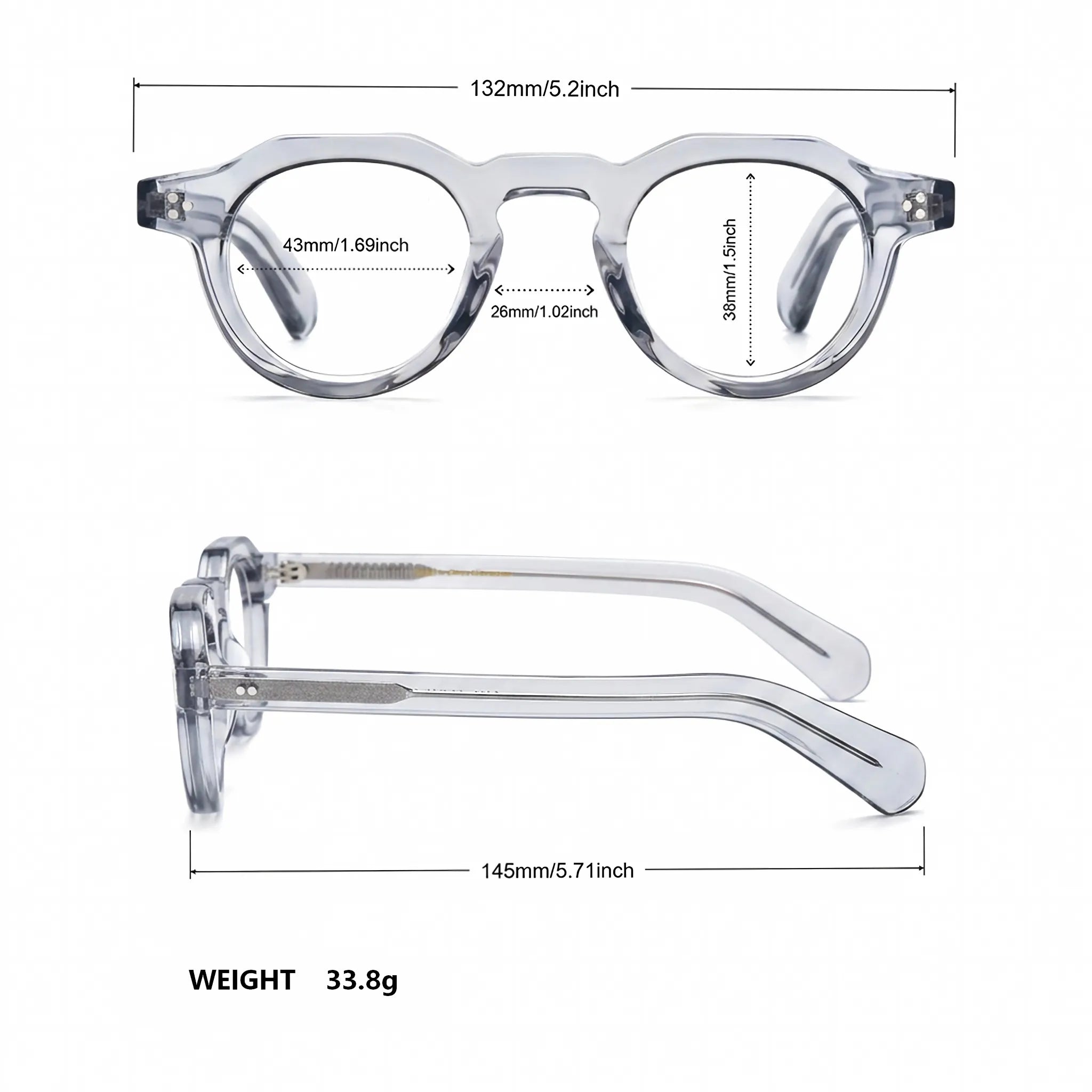 Barledear Smoke Crystal retro geometric acetate eyeglasses showing 132 mm frame width, 43 mm lens width, 38 mm lens height, 26 mm bridge, and 145 mm temples