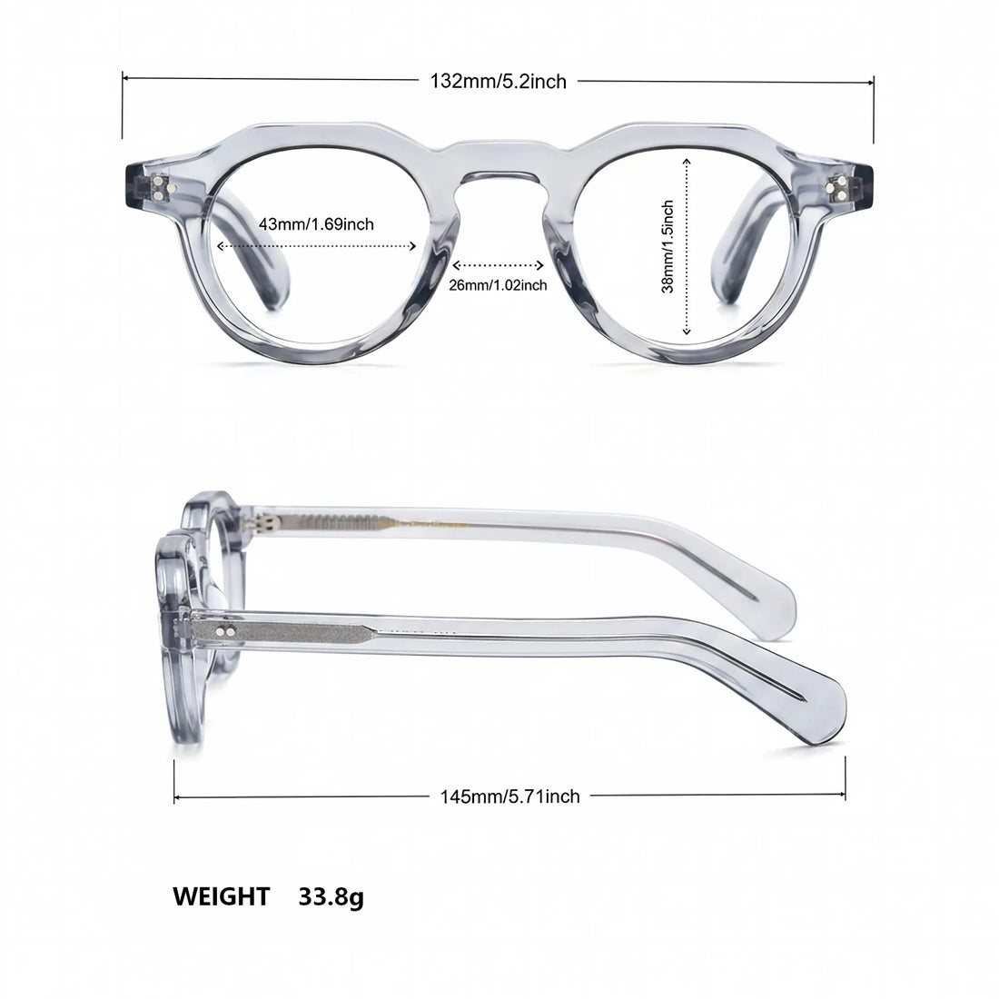 Barledear Smoke Crystal retro geometric acetate eyeglasses showing 132 mm frame width, 43 mm lens width, 38 mm lens height, 26 mm bridge, and 145 mm temples