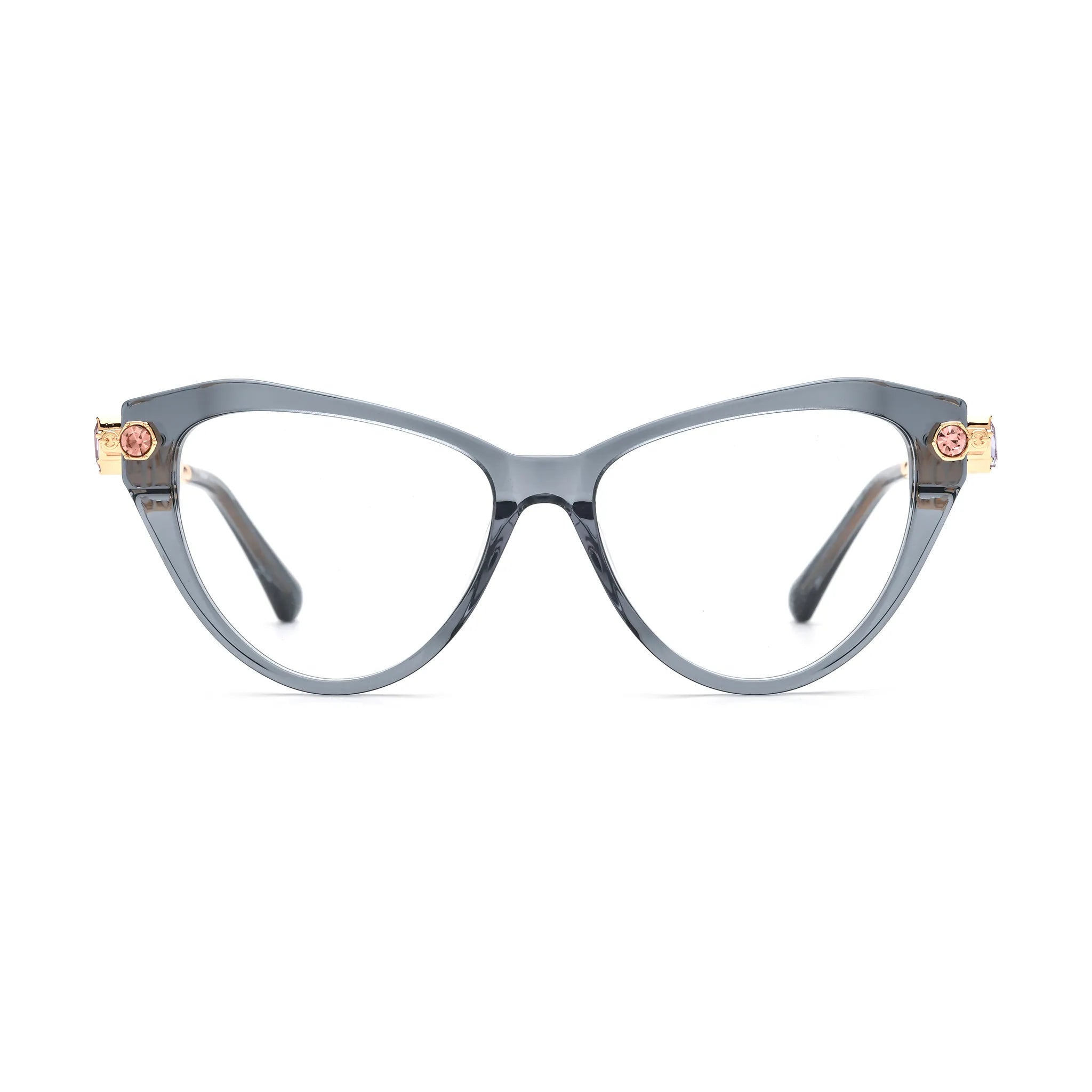 Barledear Smoke Quartz geometric cat-eye eyeglasses front view with a translucent smoky gray acetate frame and gold-tone jeweled temples