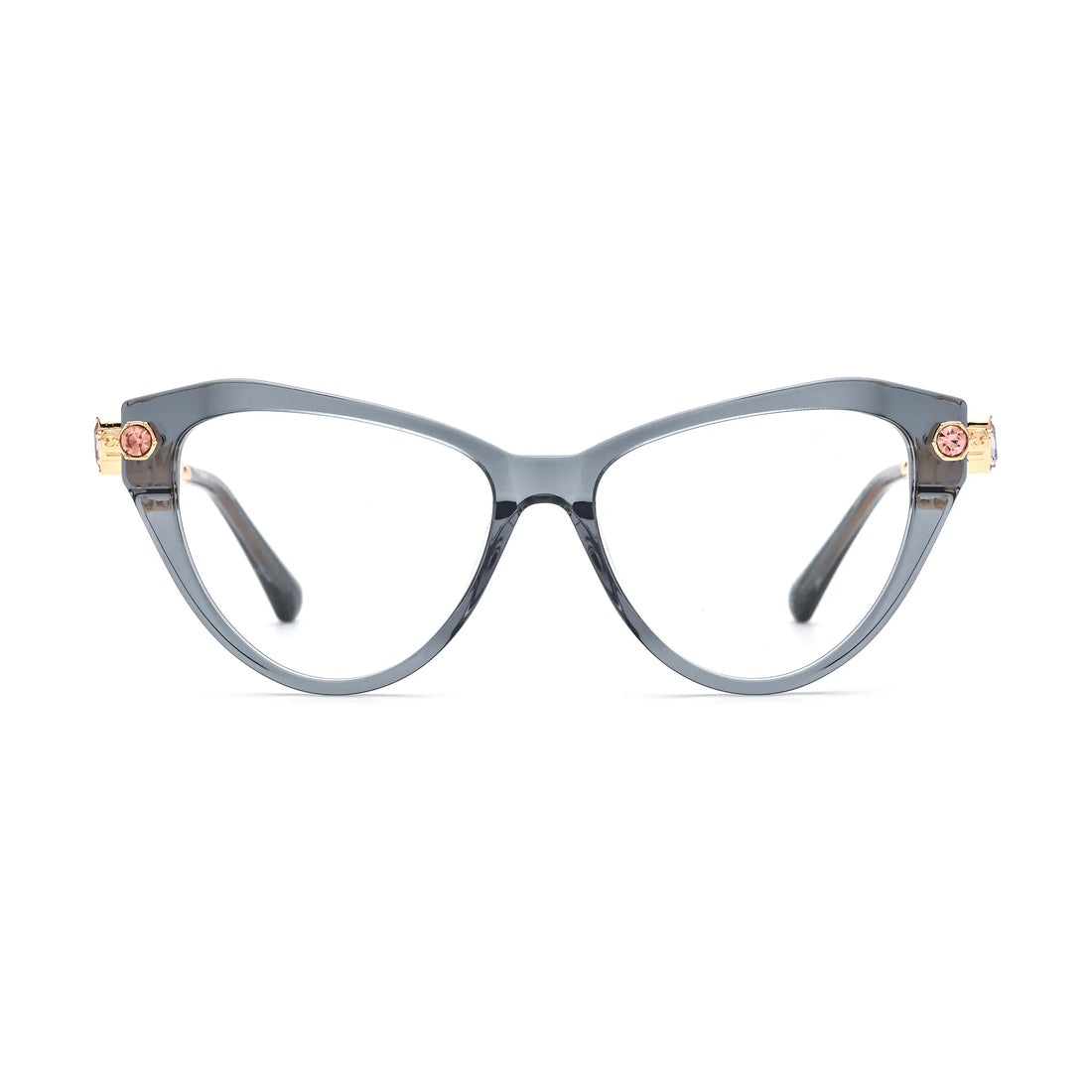 Barledear Smoke Quartz geometric cat-eye eyeglasses front view with a translucent smoky gray acetate frame and gold-tone jeweled temples