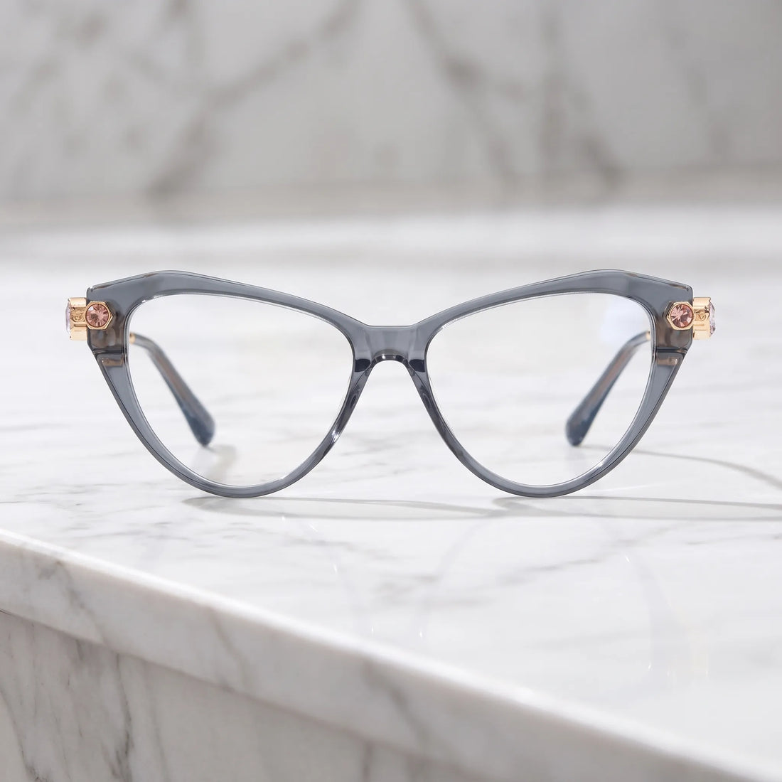 Barledear Smoke Quartz cat-eye eyeglasses shown in a clean lifestyle front display with multicolor crystal-accent temples