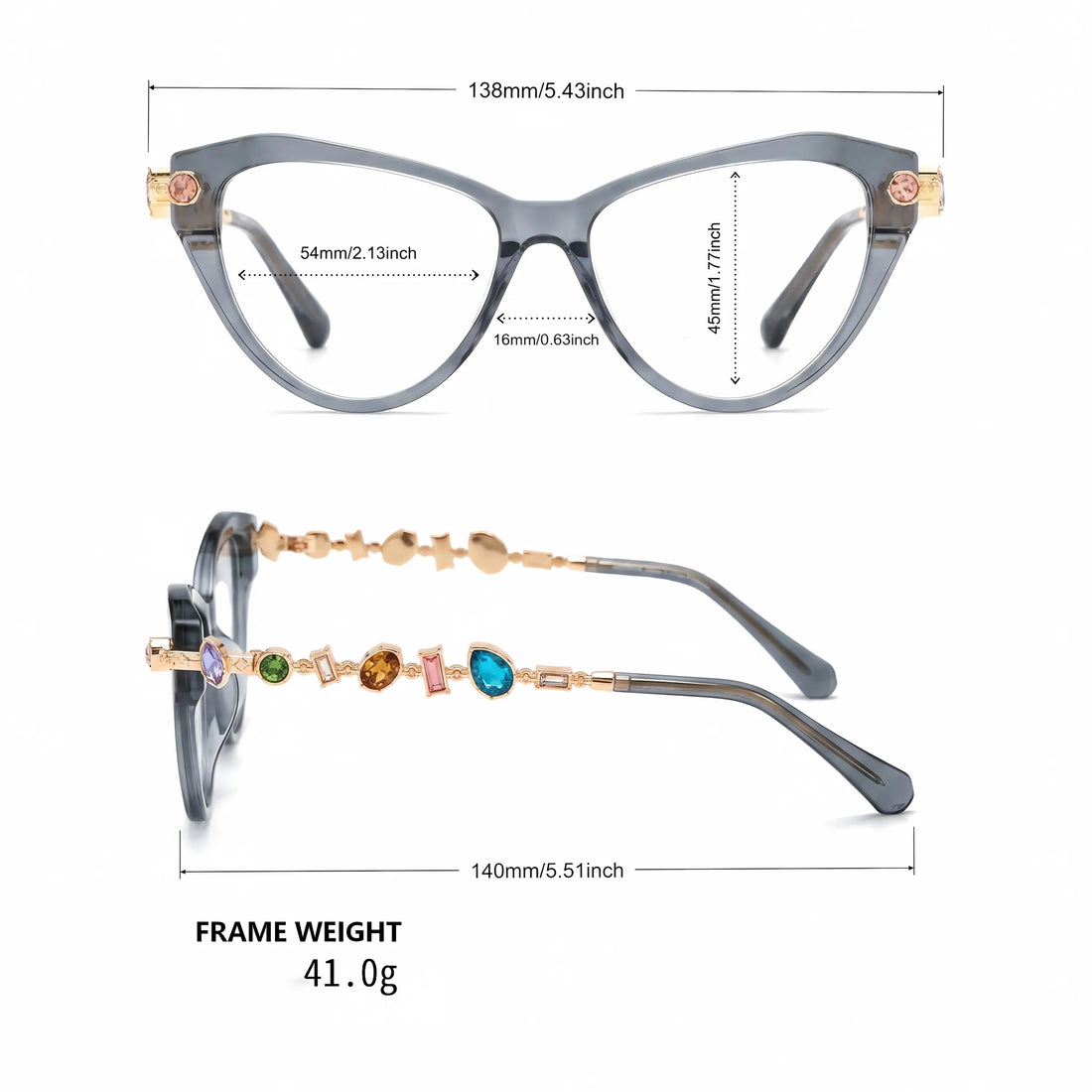 Barledear Smoke Quartz cat-eye eyeglasses size chart showing 138 mm frame width, 54 mm lens width, 45 mm lens height, 16 mm bridge, and 140 mm temples