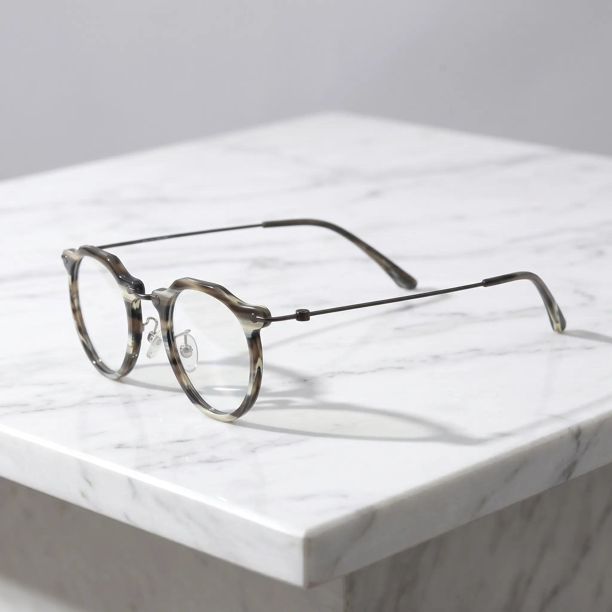 Barledear Smoke Stripe eyeglasses angled side view showing slim wire temples adjustable nose pads and bridge detail