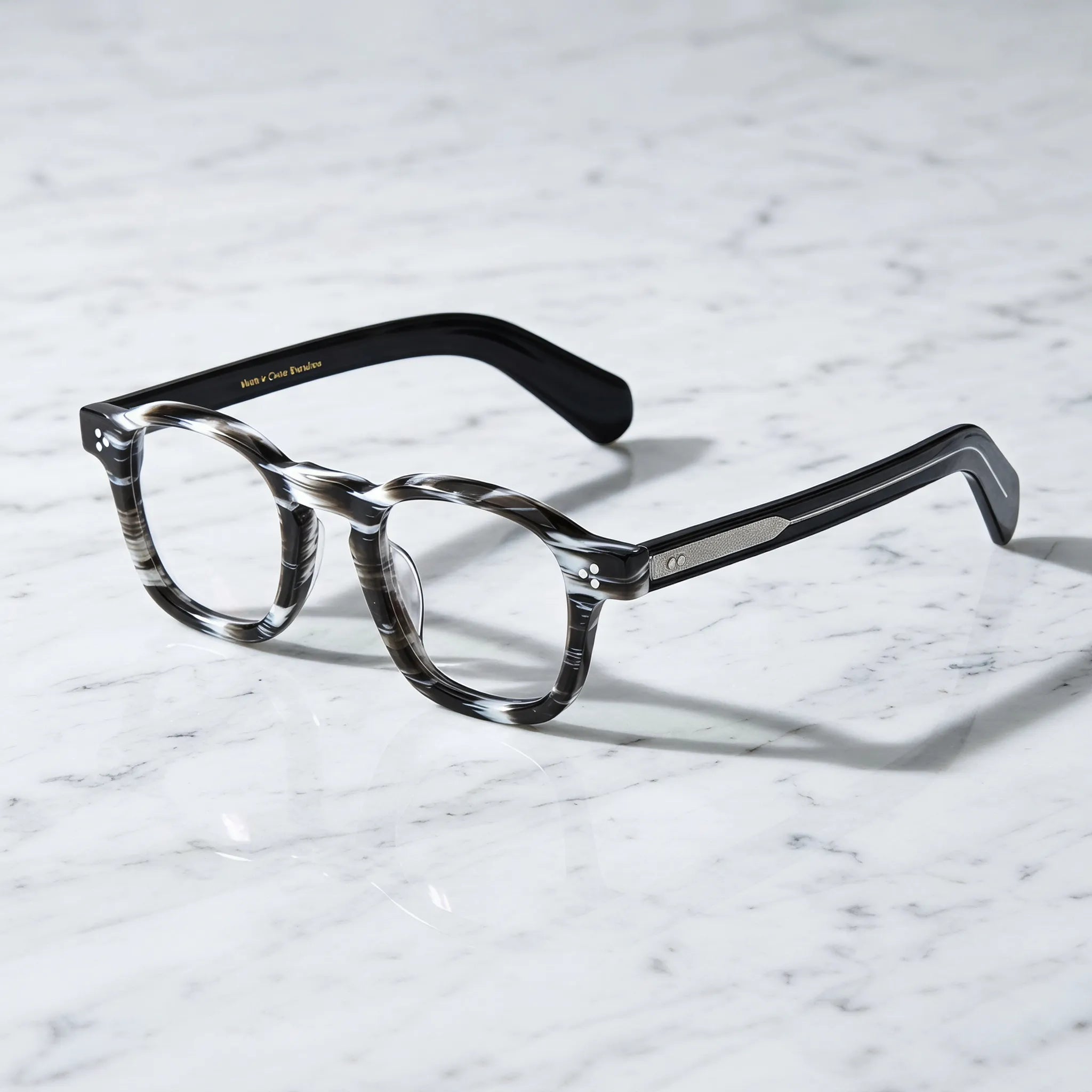 Barledear Smoke Stripe eyeglasses angled side view showing striped acetate front and bridge detail