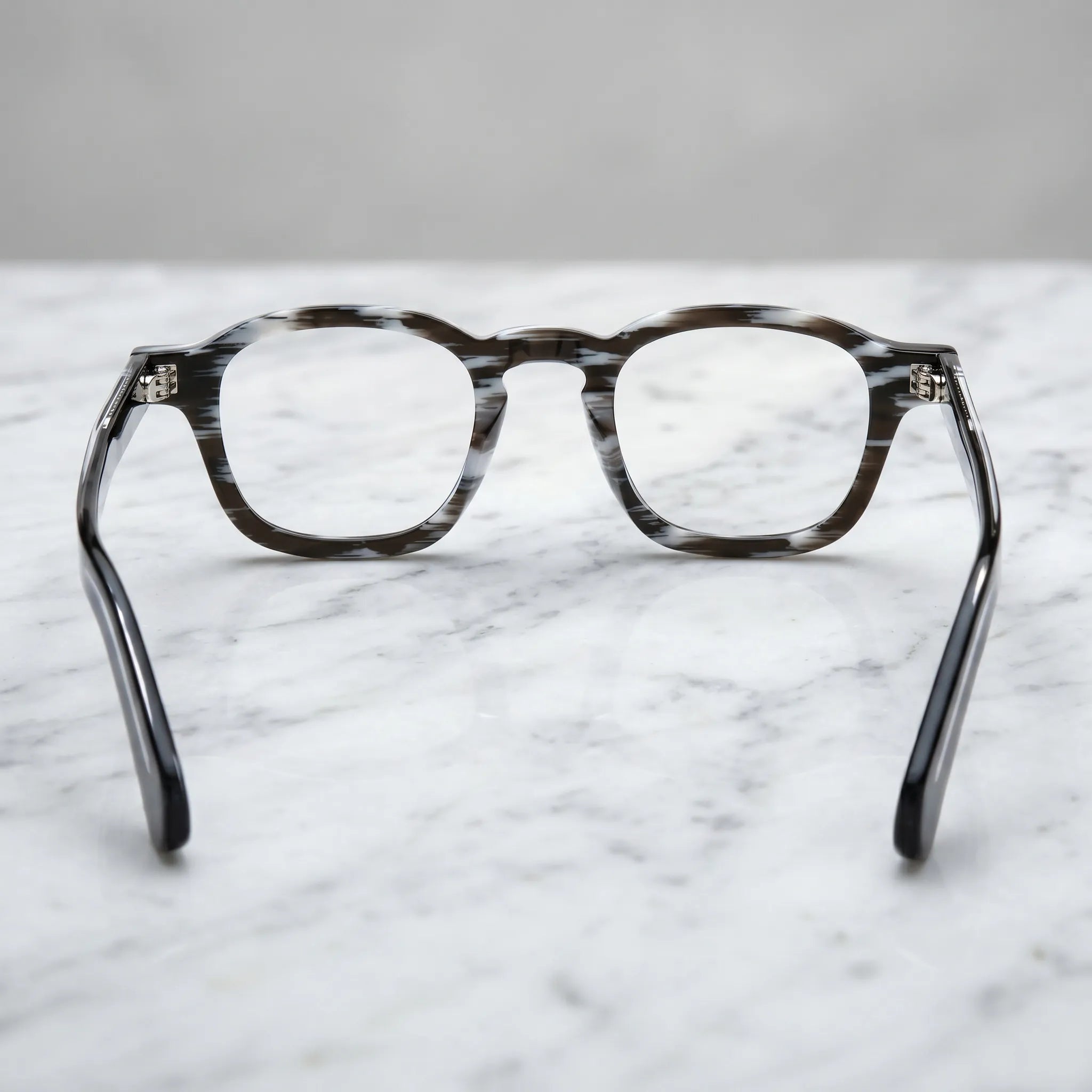 Barledear Smoke Stripe eyeglasses back view showing integrated nose pads, temple shape, and full-rim frame structure