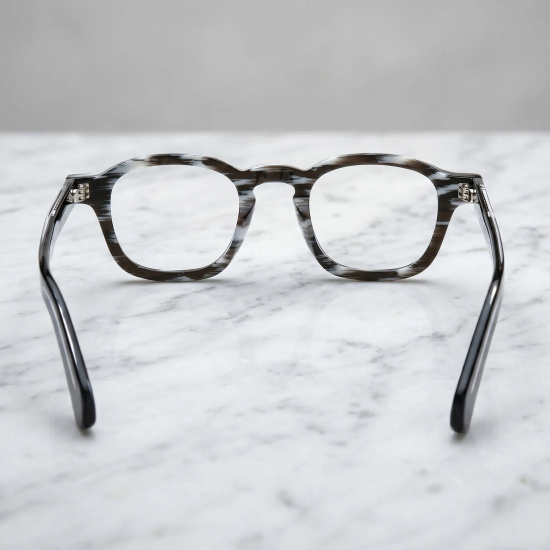 Barledear Smoke Stripe eyeglasses back view showing integrated nose pads, temple shape, and full-rim frame structure