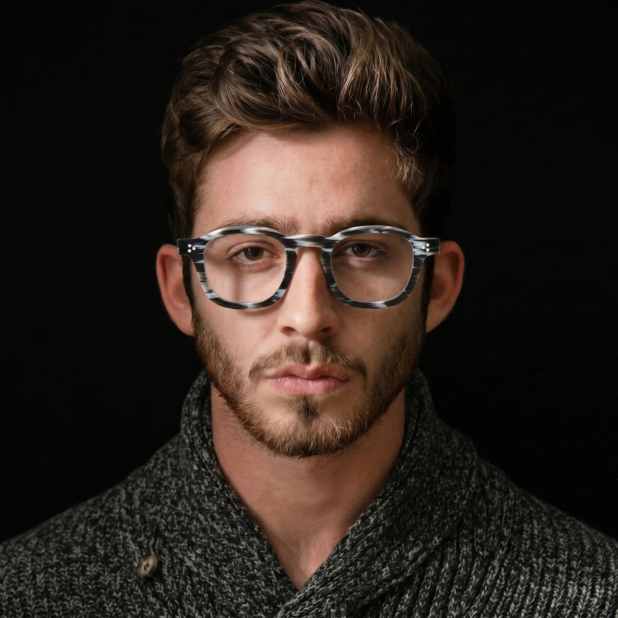 model wearing Barledear Smoke Stripe eyeglasses in a lifestyle portrait with retro square acetate frame