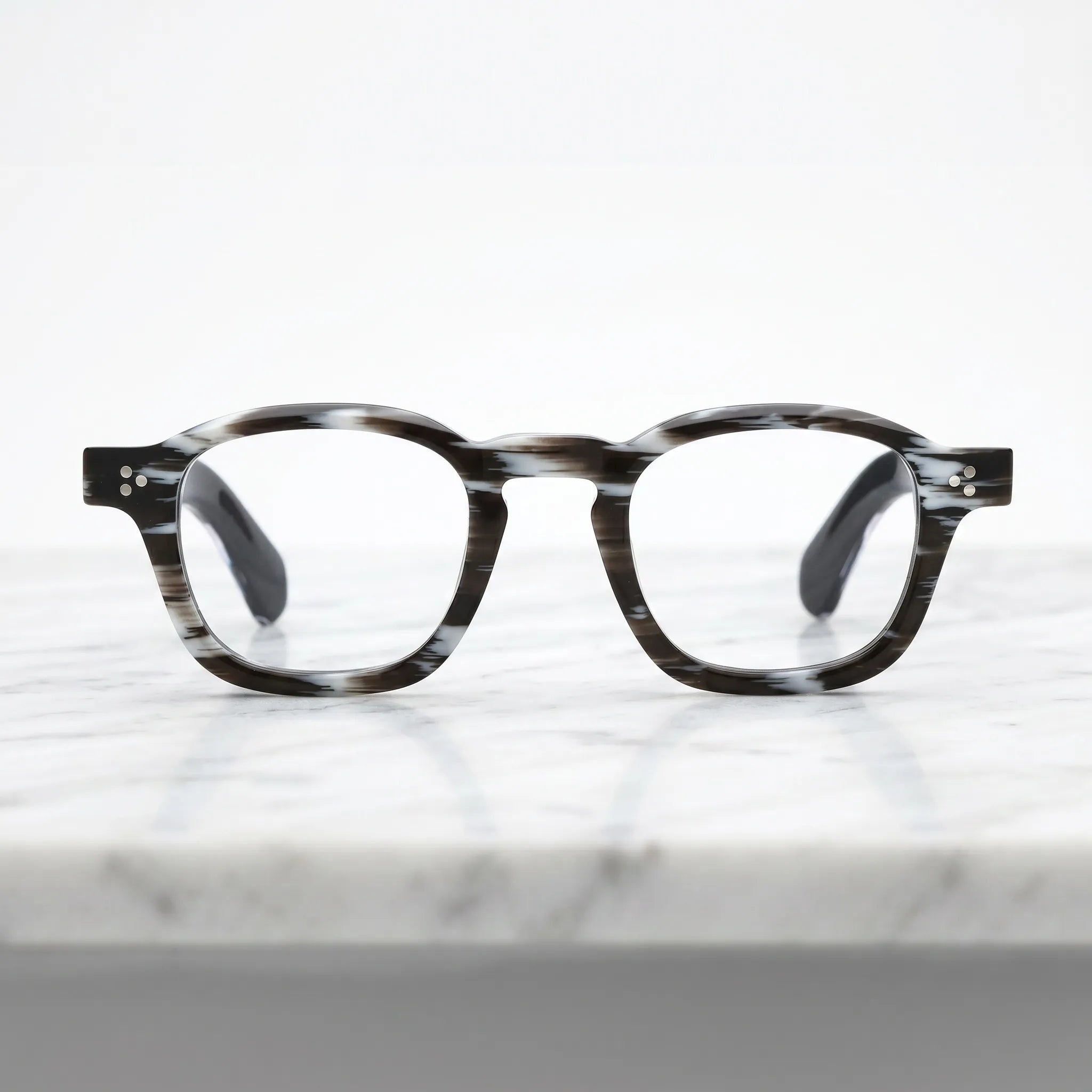 Barledear Smoke Stripe eyeglasses shown in a clean lifestyle front view with striped square acetate styling