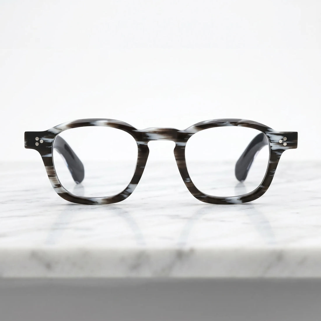 Barledear Smoke Stripe eyeglasses shown in a clean lifestyle front view with striped square acetate styling