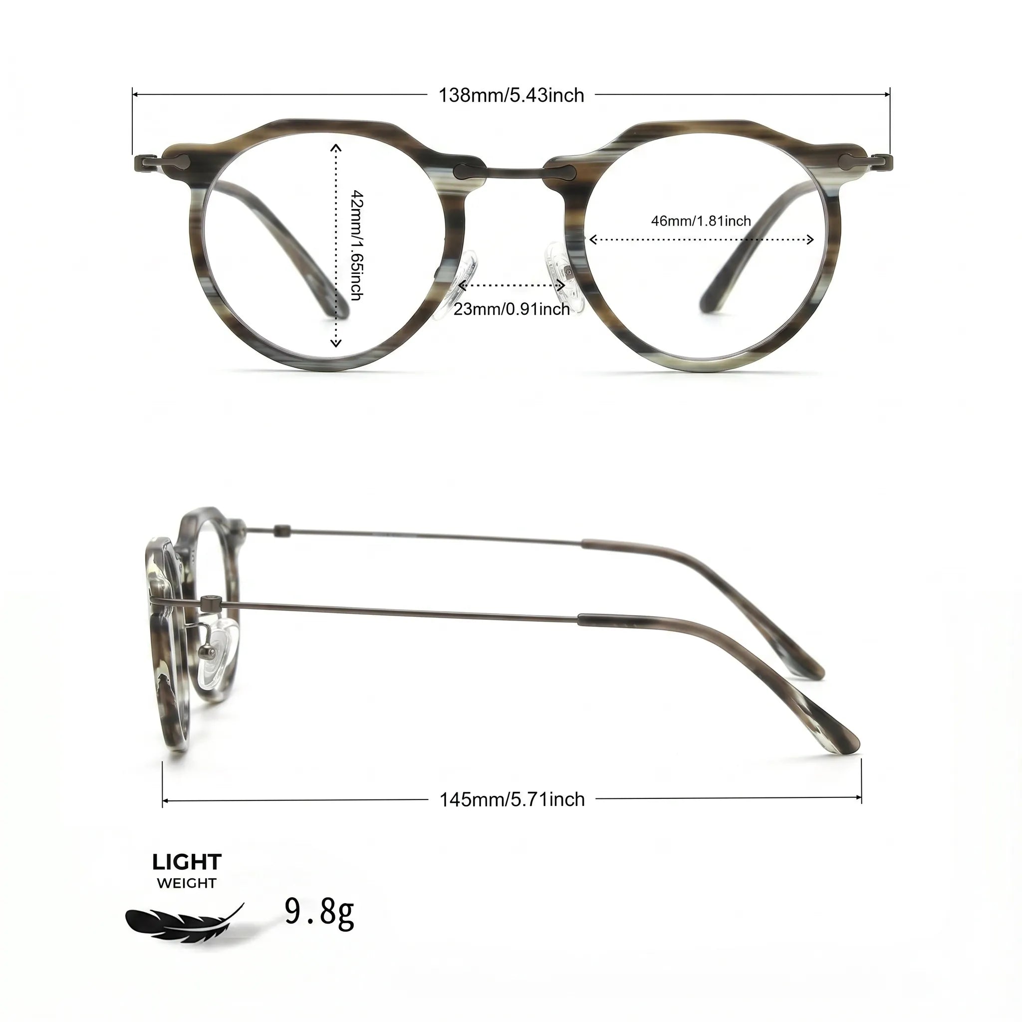 Barledear Smoke Stripe eyeglasses size chart with 138mm frame width 46mm lens width 42mm lens height 23mm bridge and 145mm temple measurements