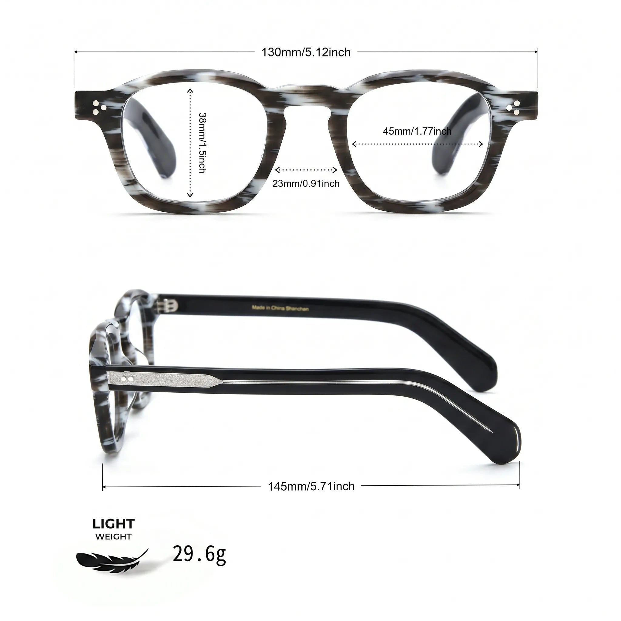Barledear Smoke Stripe eyeglasses size chart with 130 mm frame width, 45 mm lens width, 38 mm lens height, 23 mm bridge, 145 mm temple length, and 29.6 g frame weight